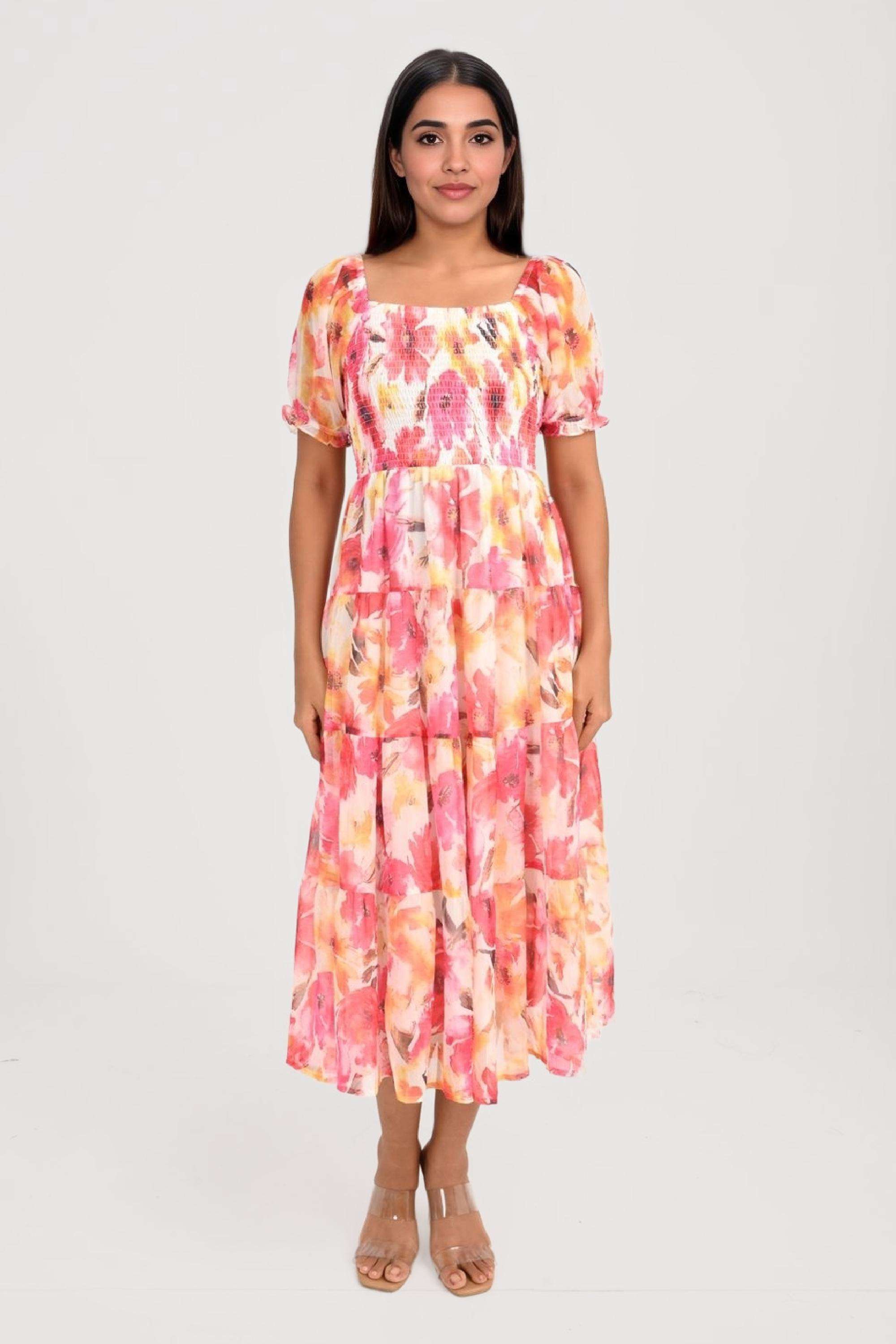 Floral-Square-Neck-Chiffon-Women-Dress