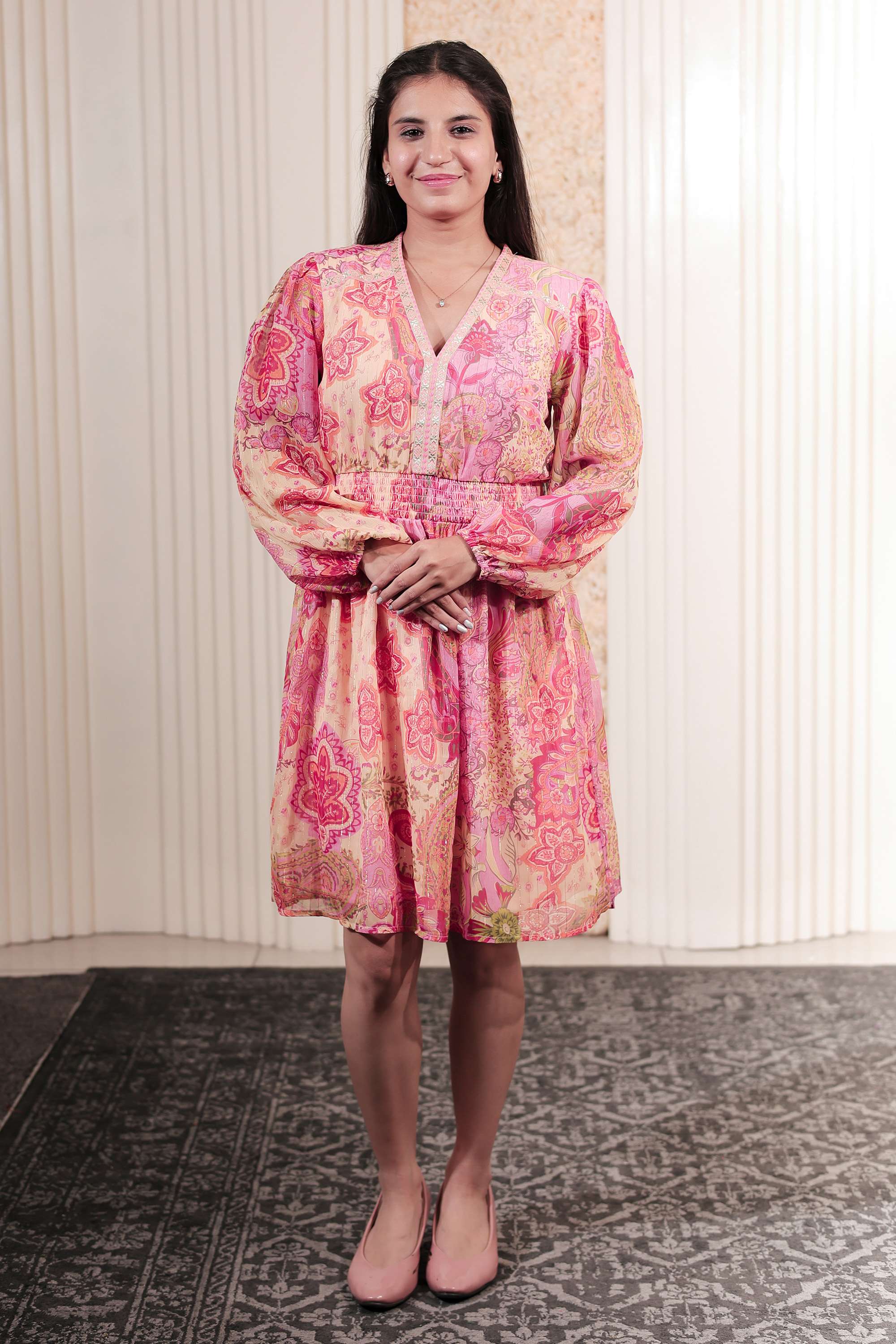 Printed-Chiffon-V-Neck-Women-s-Knee-Length-Dress