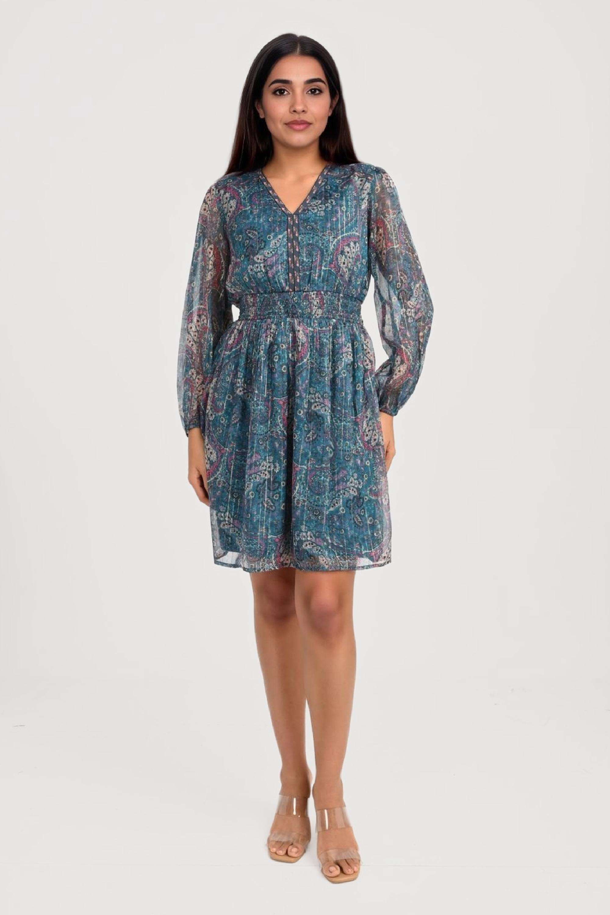 Printed-V-Neck-Chiffon-Women-Dress