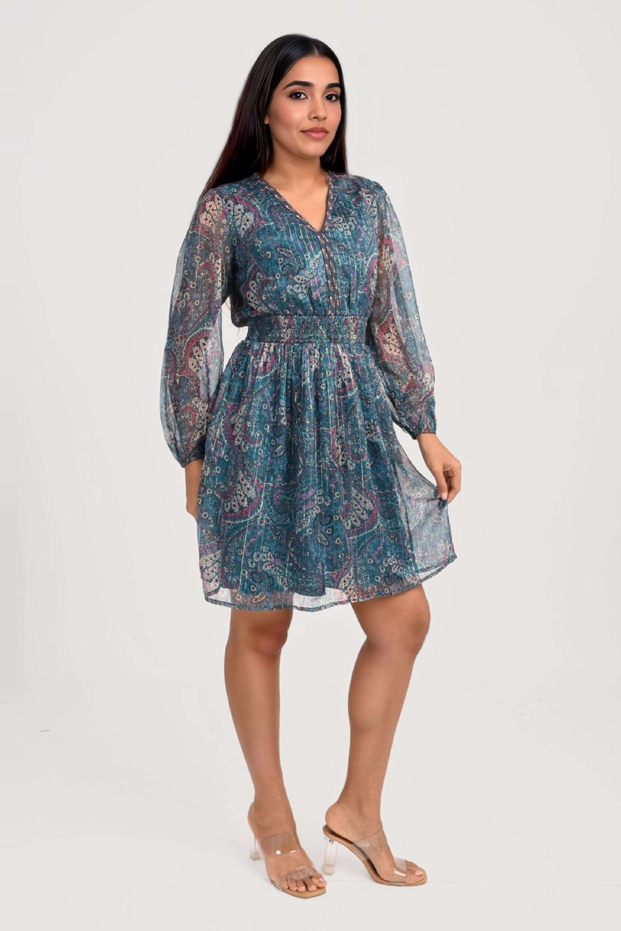 Printed-V-Neck-Chiffon-Women-Dress