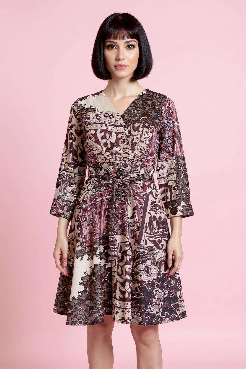 Printed-V-Neck-Satin-Women-Dress