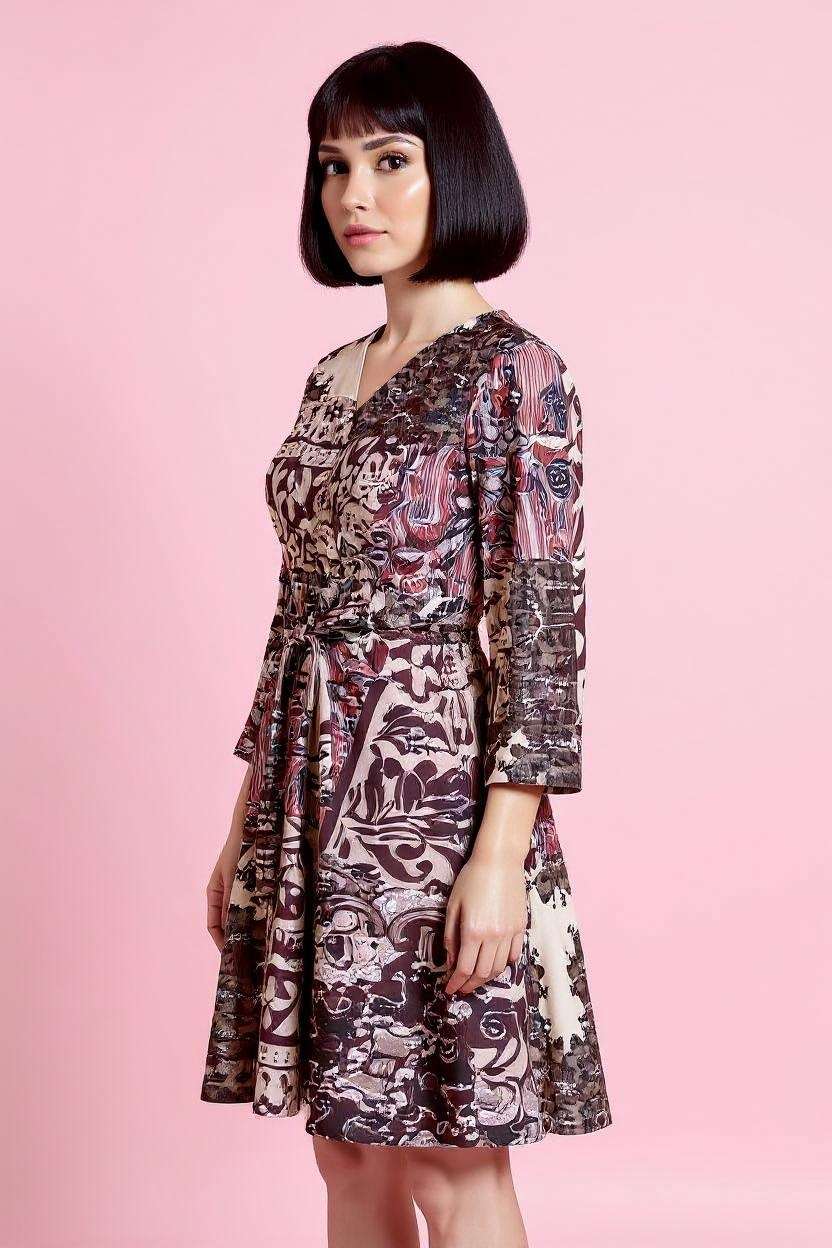 Printed-V-Neck-Satin-Women-Dress
