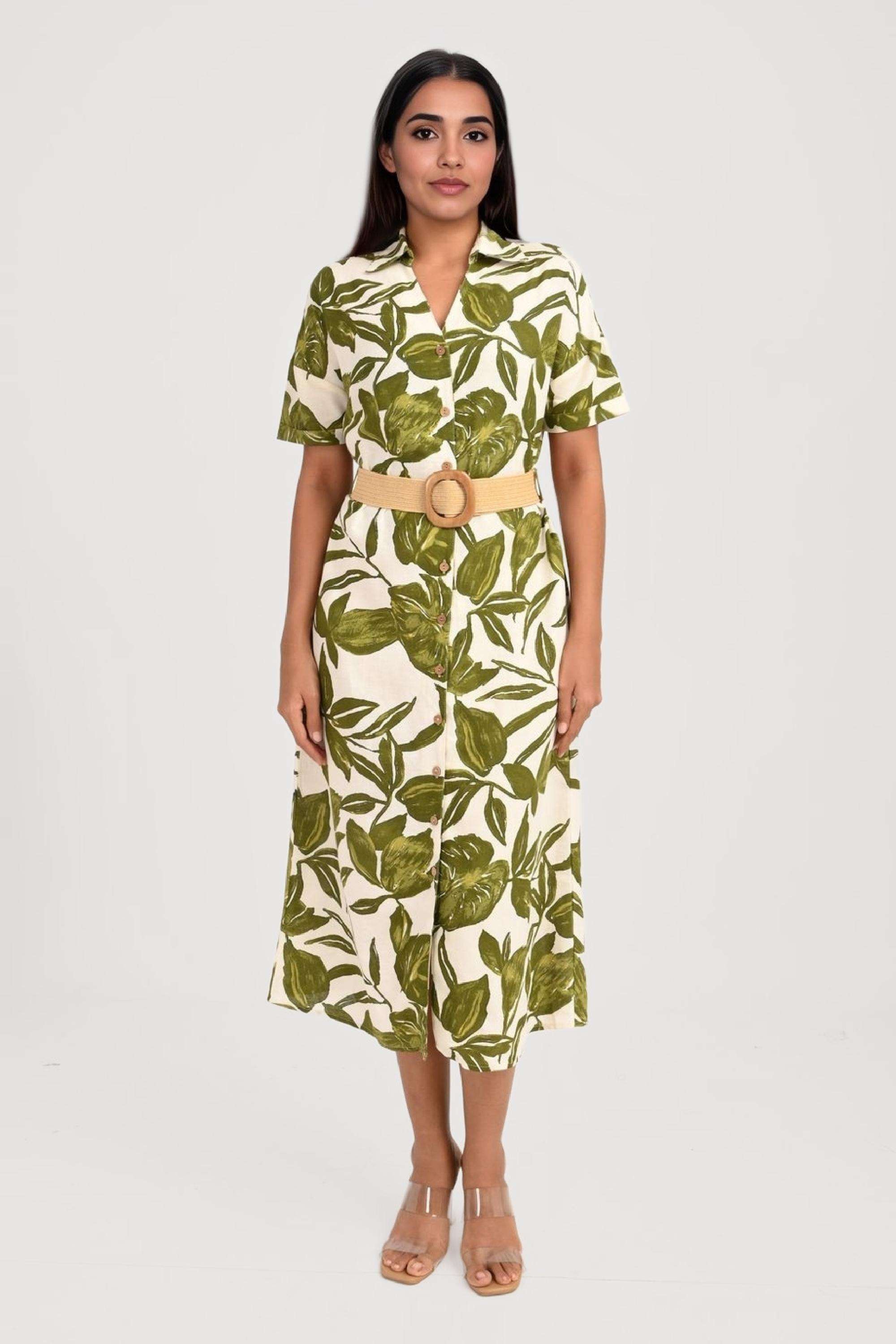 Printed-Cotton-Blend-Collared-Women-s-Maxi-Dress