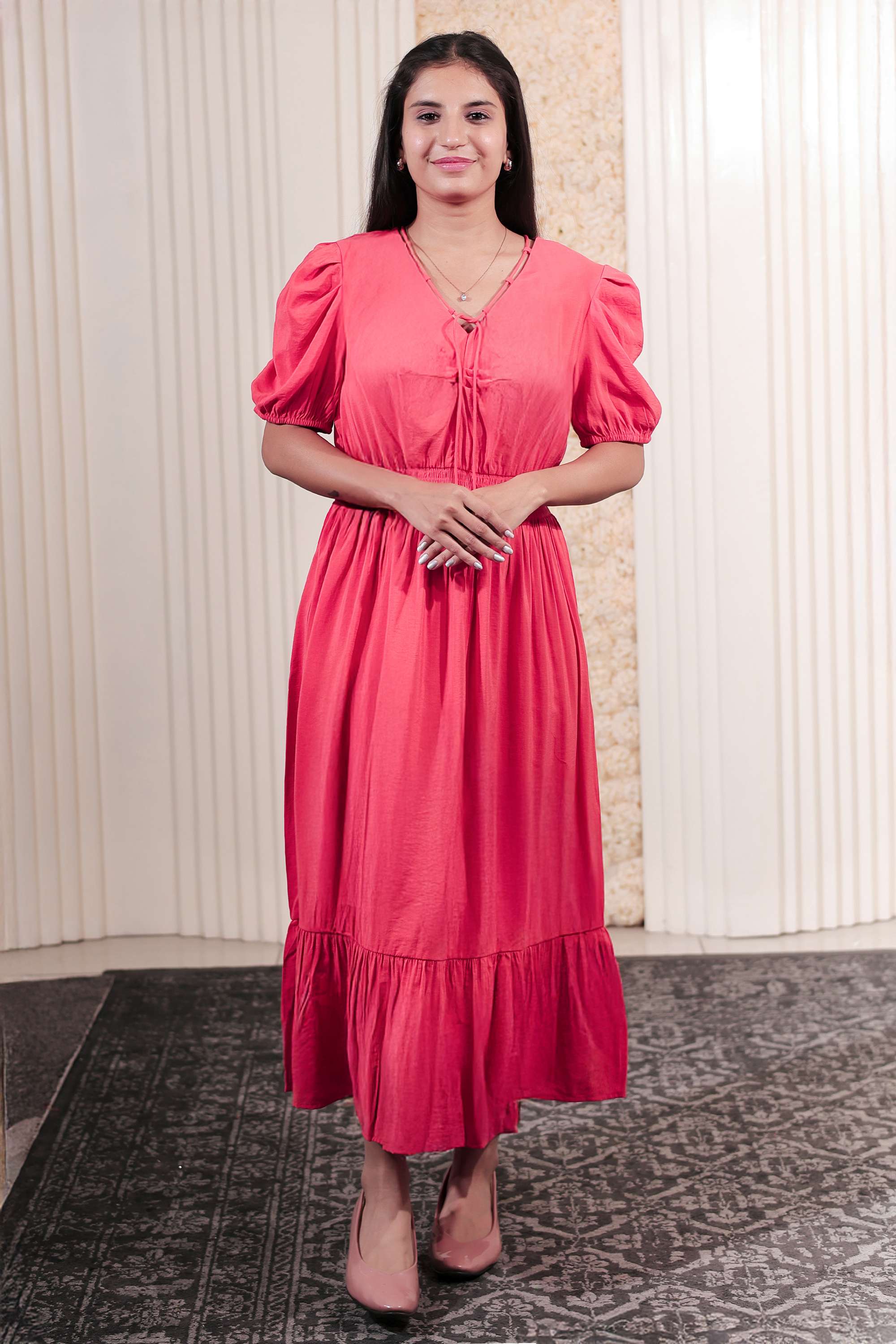 Solid-Viscose-V-Neck-Women-s-Maxi-Dress