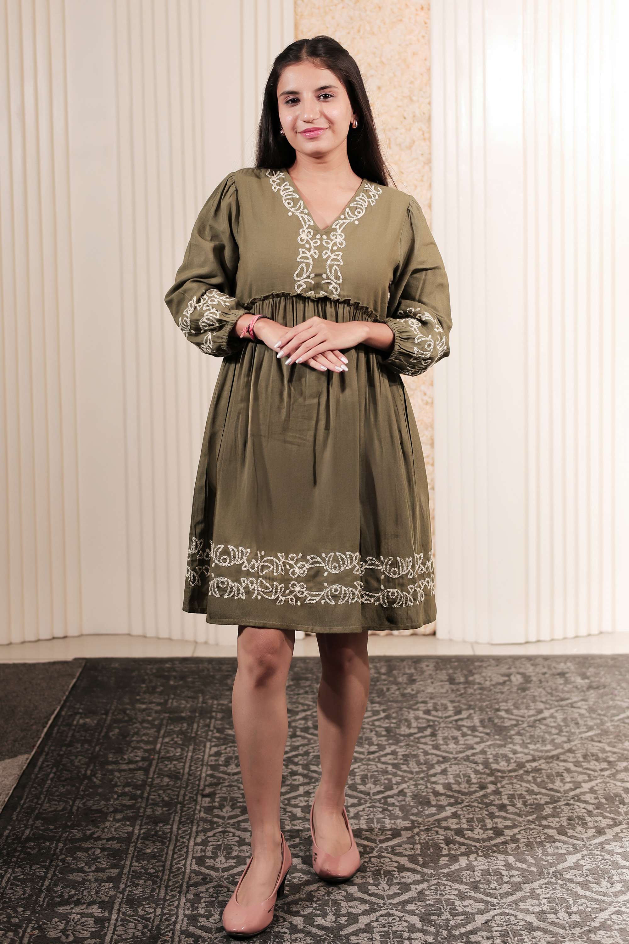 Embroidered-Rayon-V-Neck-Women-s-Knee-Length-Dress