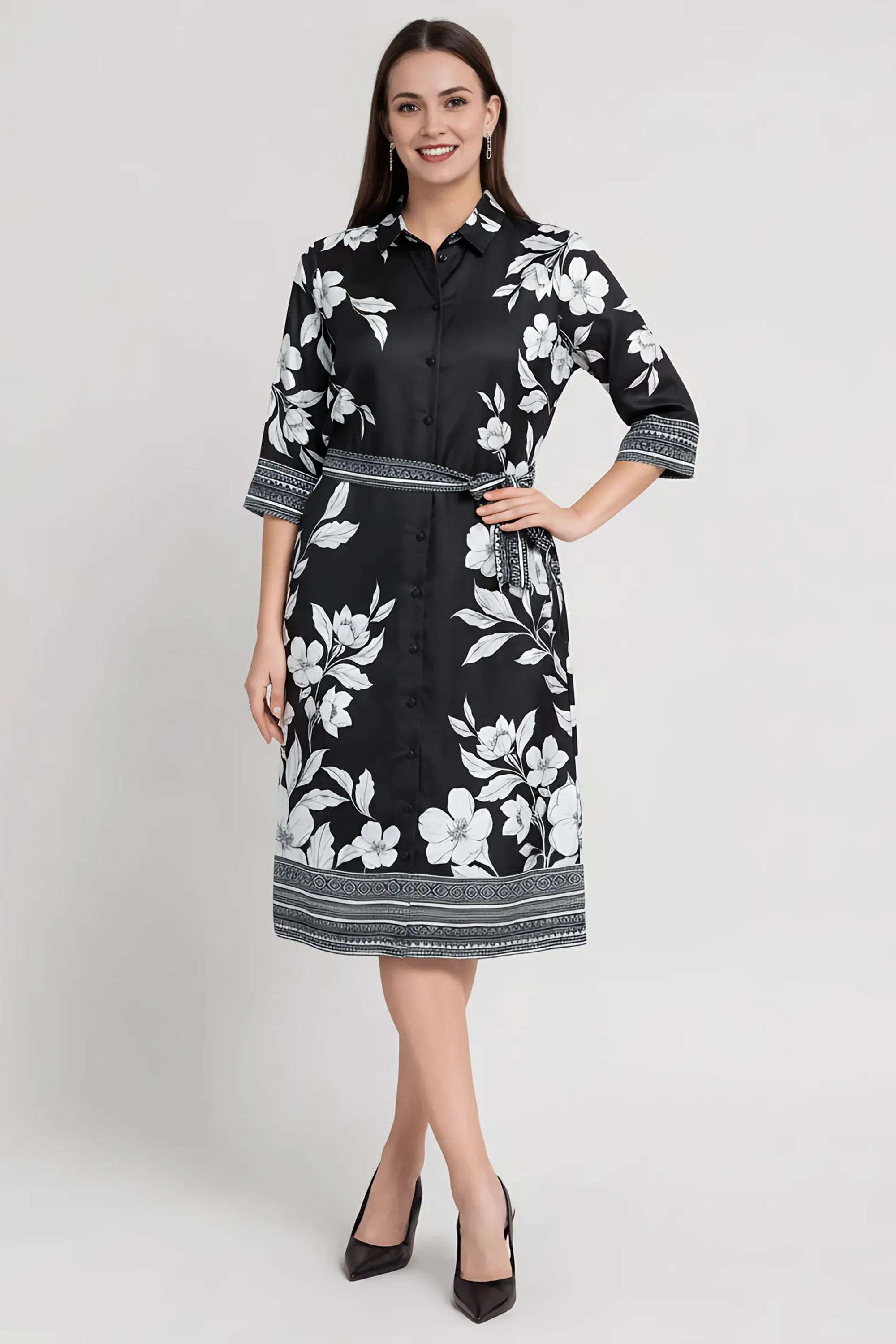 Printed-Collared-Blended-Fabric-Women-Dress