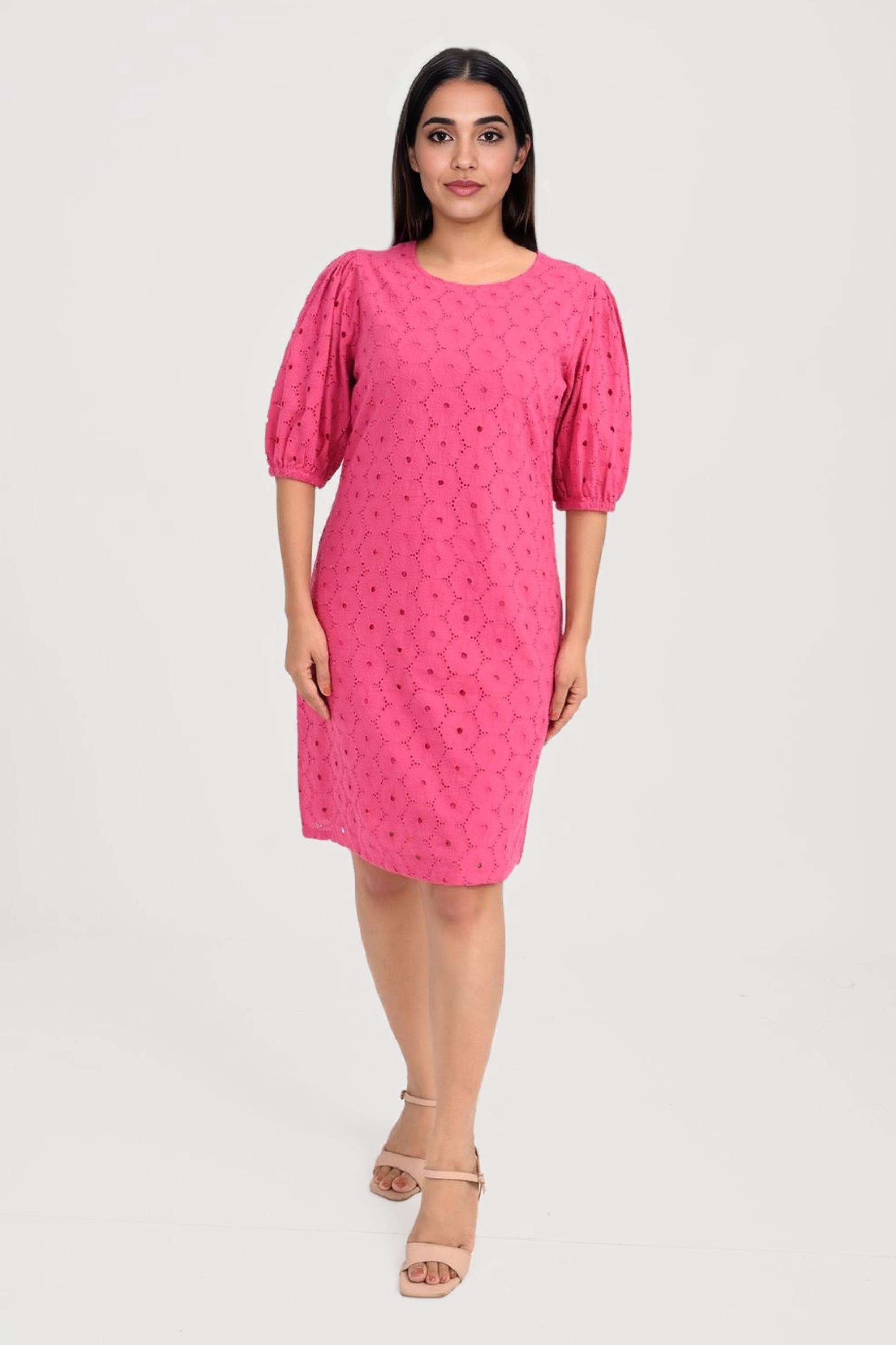 Schiffli-Cotton-Blend-Round-Neck-Women-s-Maxi-Dress