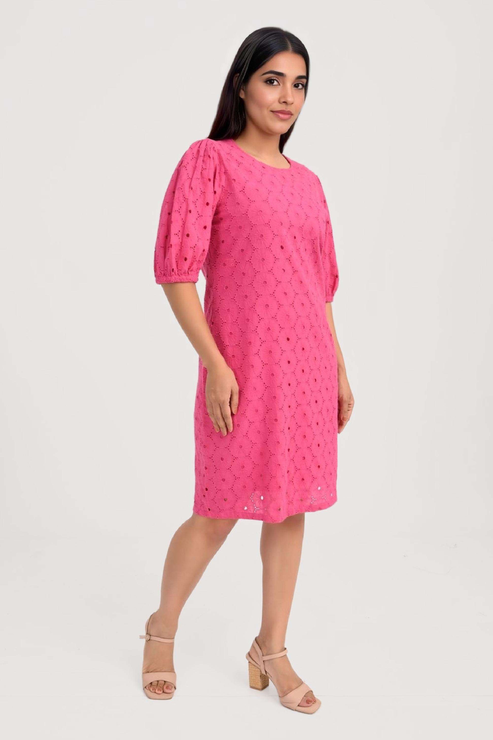 Schiffli-Cotton-Blend-Round-Neck-Women-s-Maxi-Dress