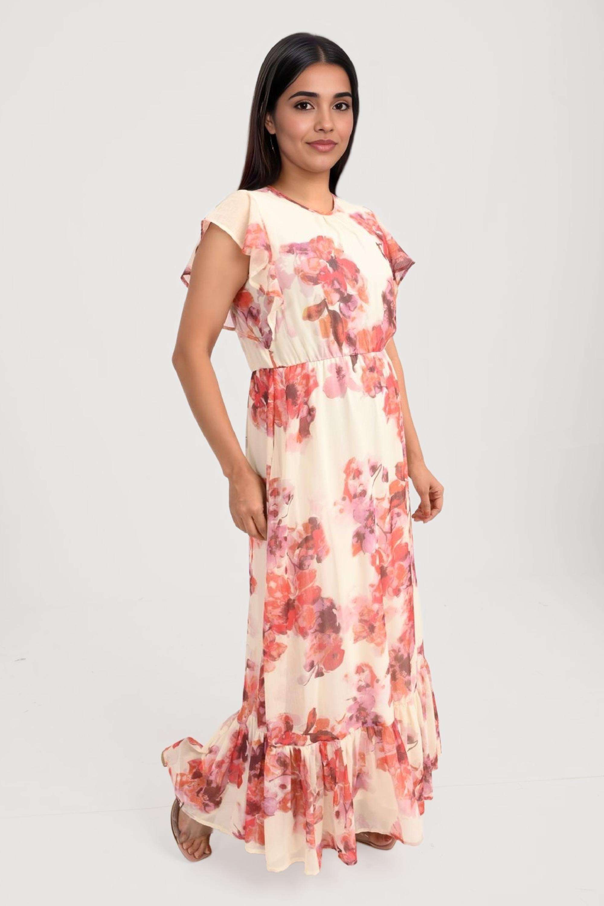 Printed-Chiffon-Round-Neck-Women-s-Maxi-Dress