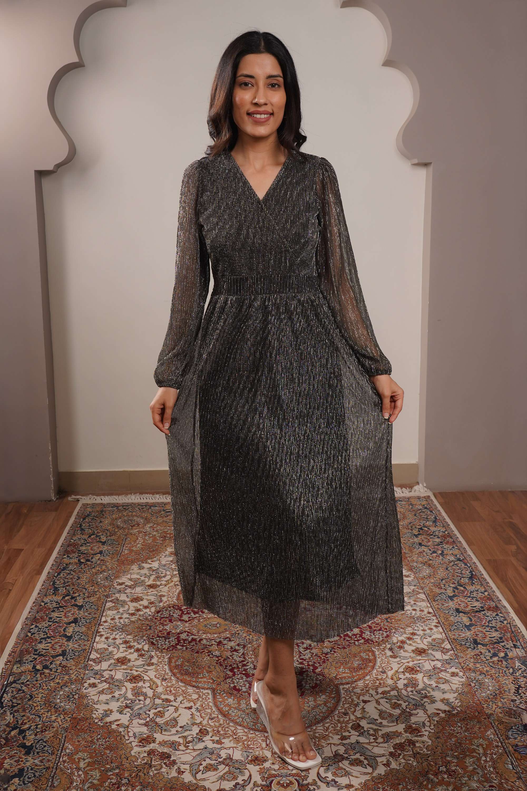 Solid-Polyester-V-Neck-Women-s-Dress