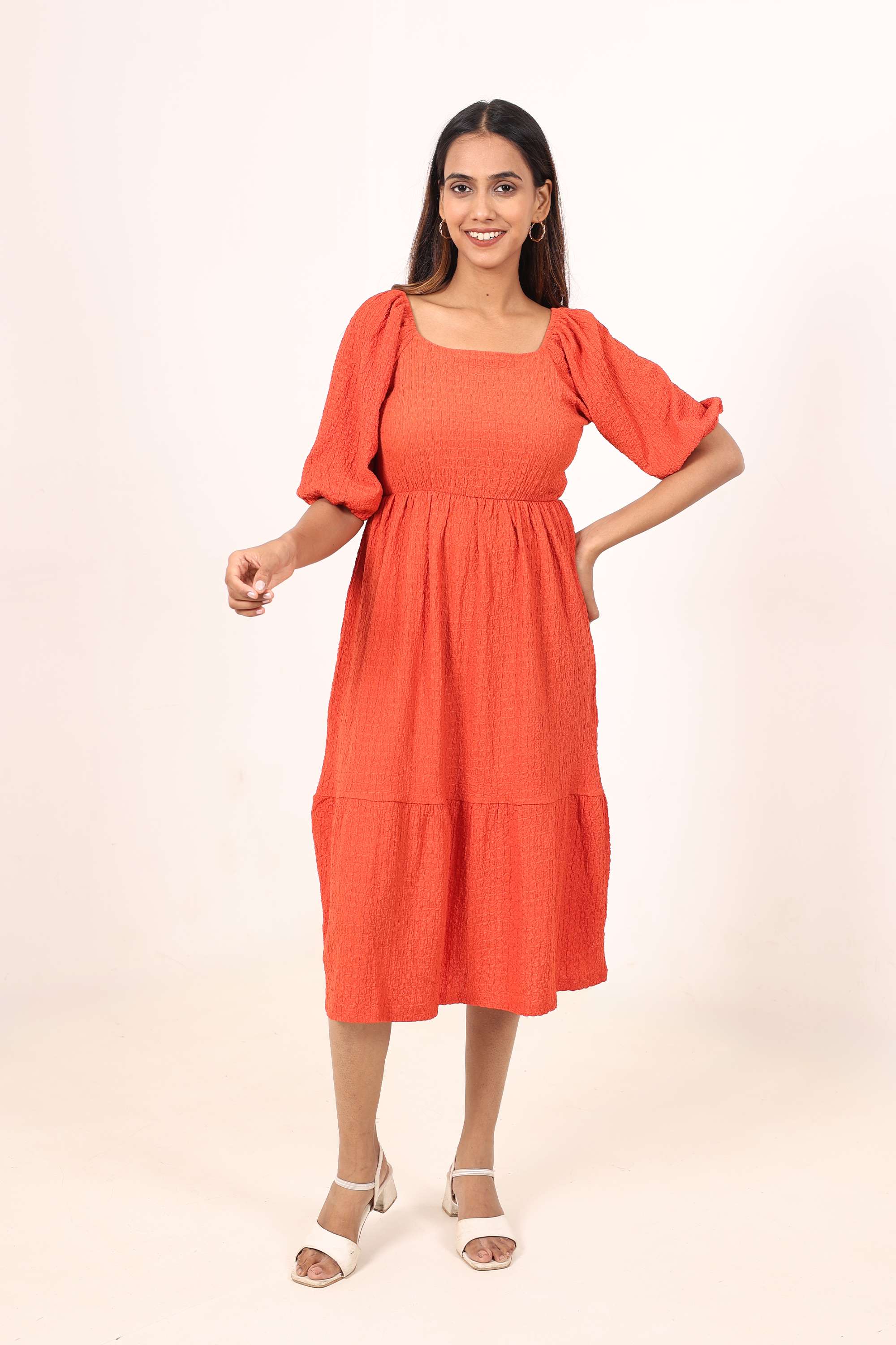 Solid-Polyester-Square-Neck-Women-s-Dress