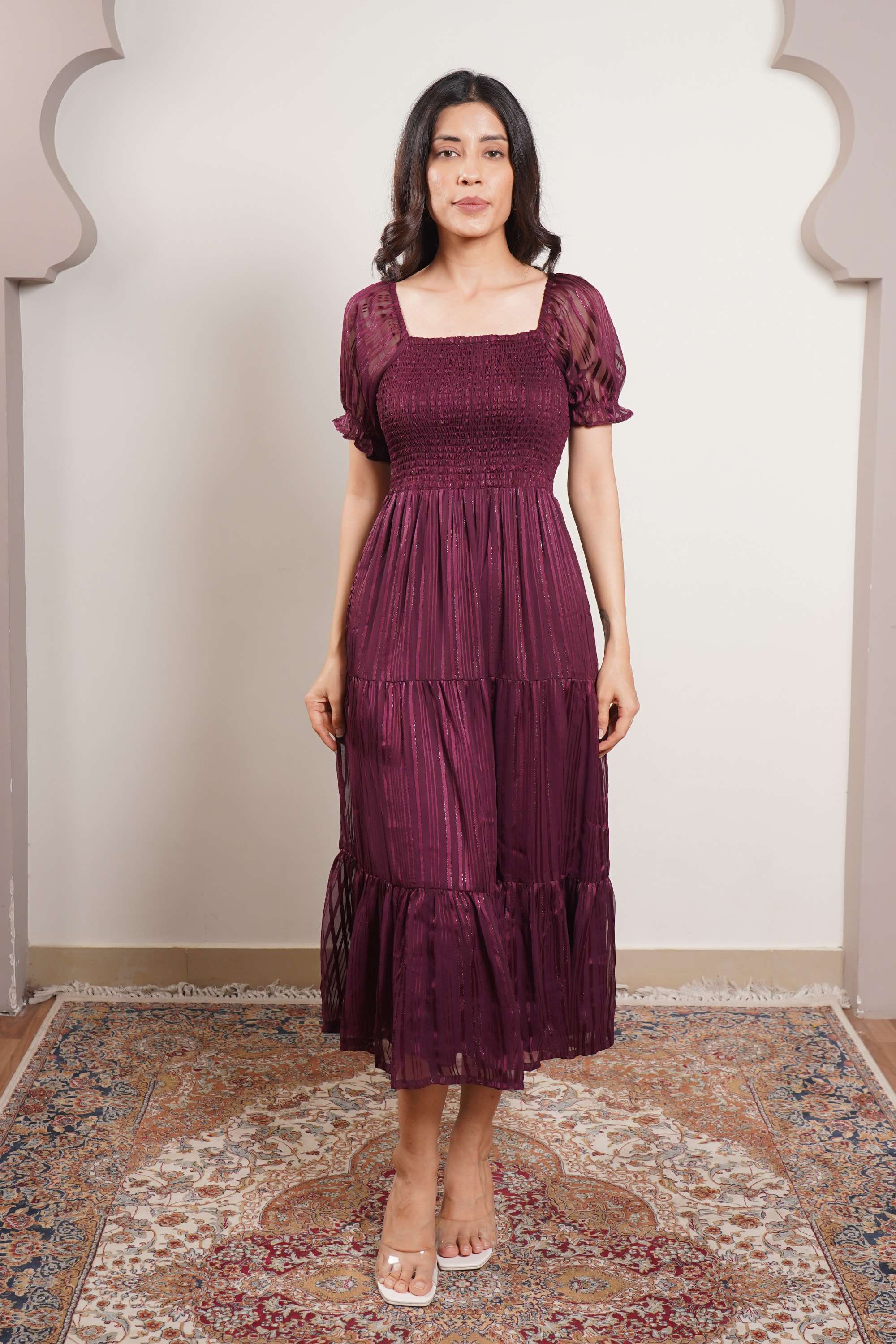 Printed-Square-Neck-Polyester-Women-Dress