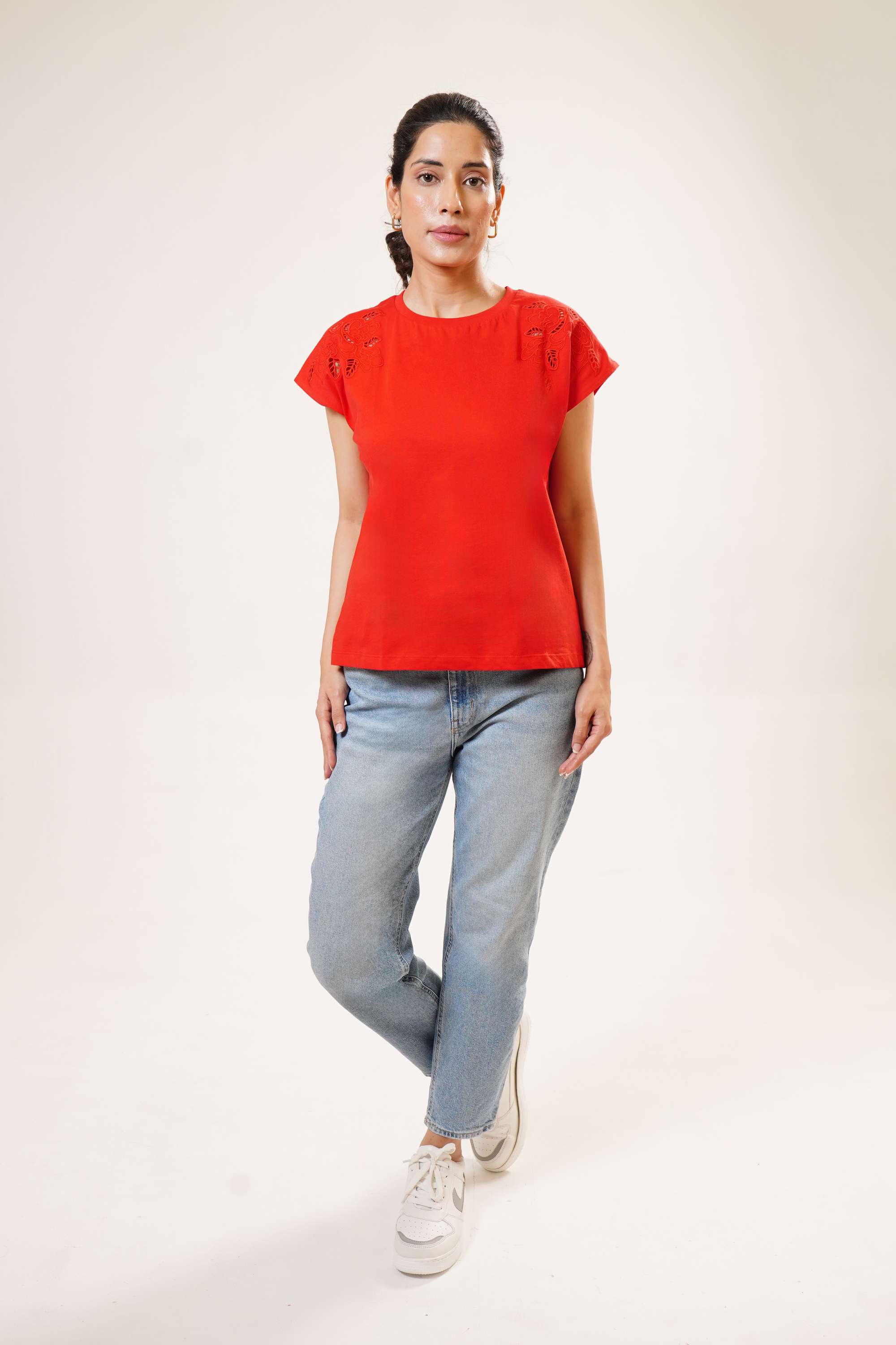 Schiffli-Blended-Fabric-Round-Neck-Women-s-T-Shirt