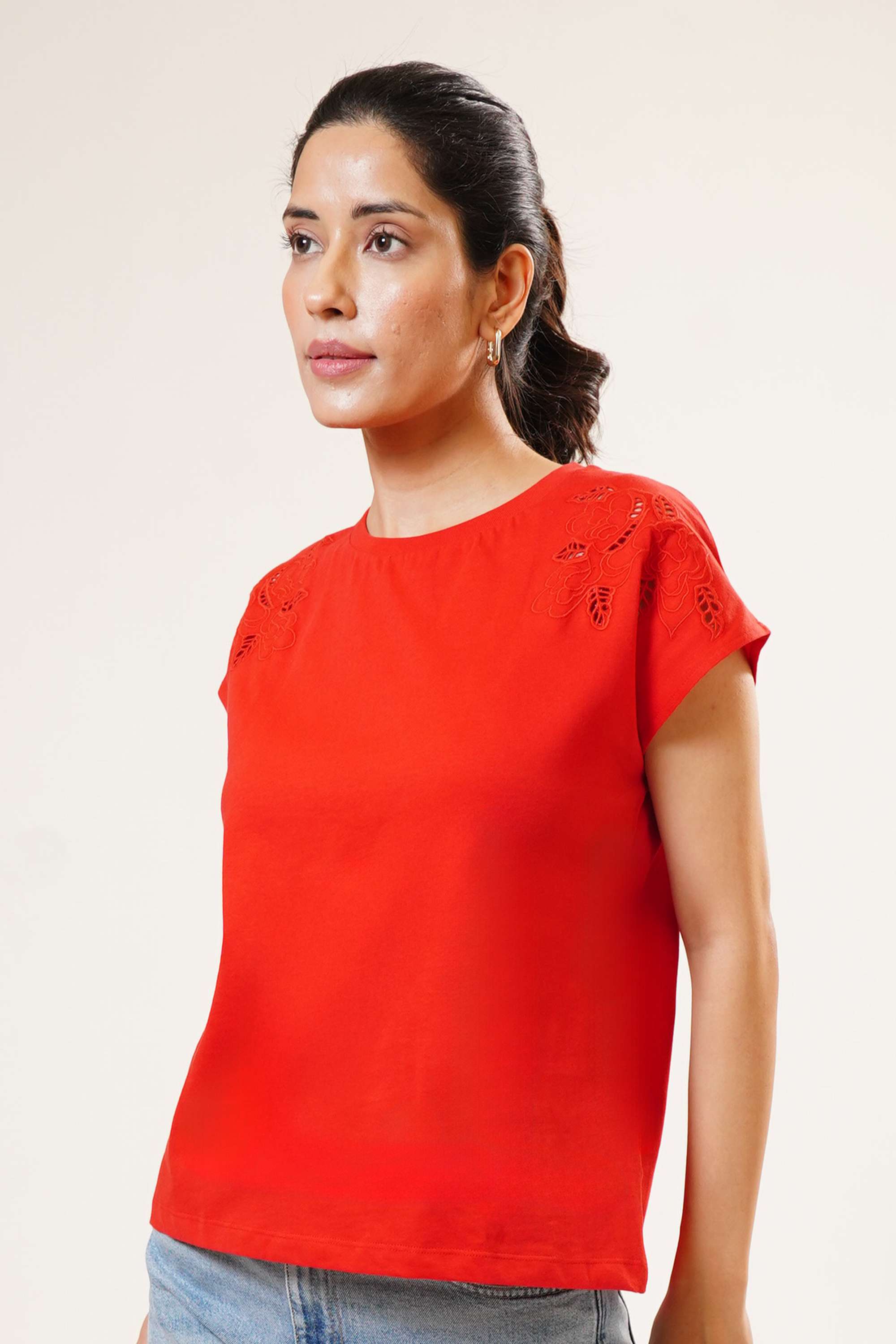 Schiffli-Blended-Fabric-Round-Neck-Women-s-T-Shirt