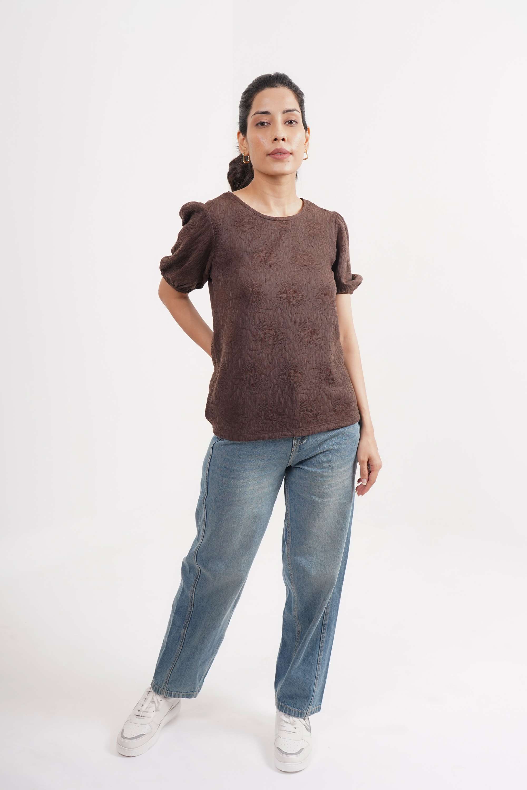 Textured-Blended-Fabric-Round-Neck-Women-T-Shirt