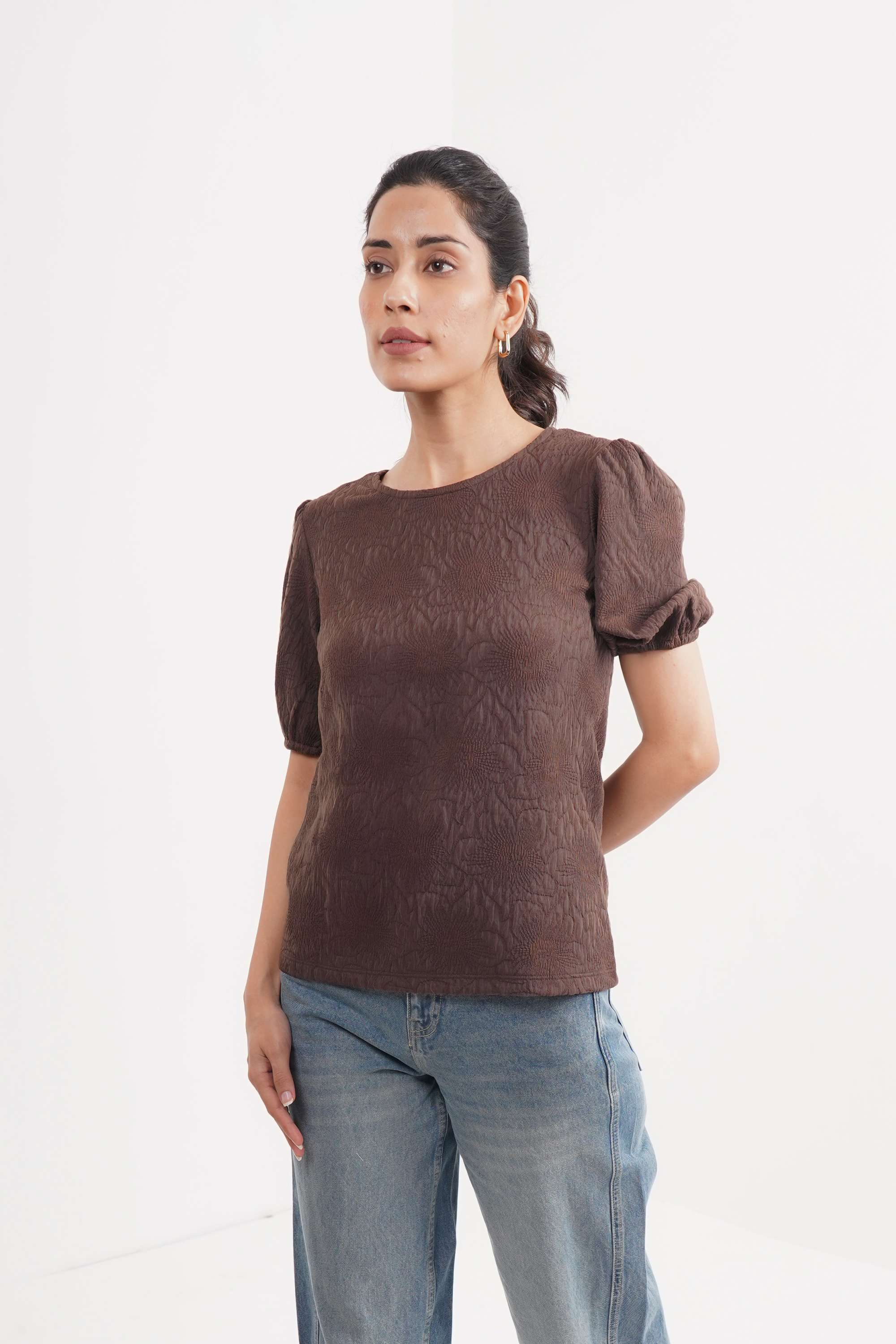 Textured-Blended-Fabric-Round-Neck-Women-T-Shirt
