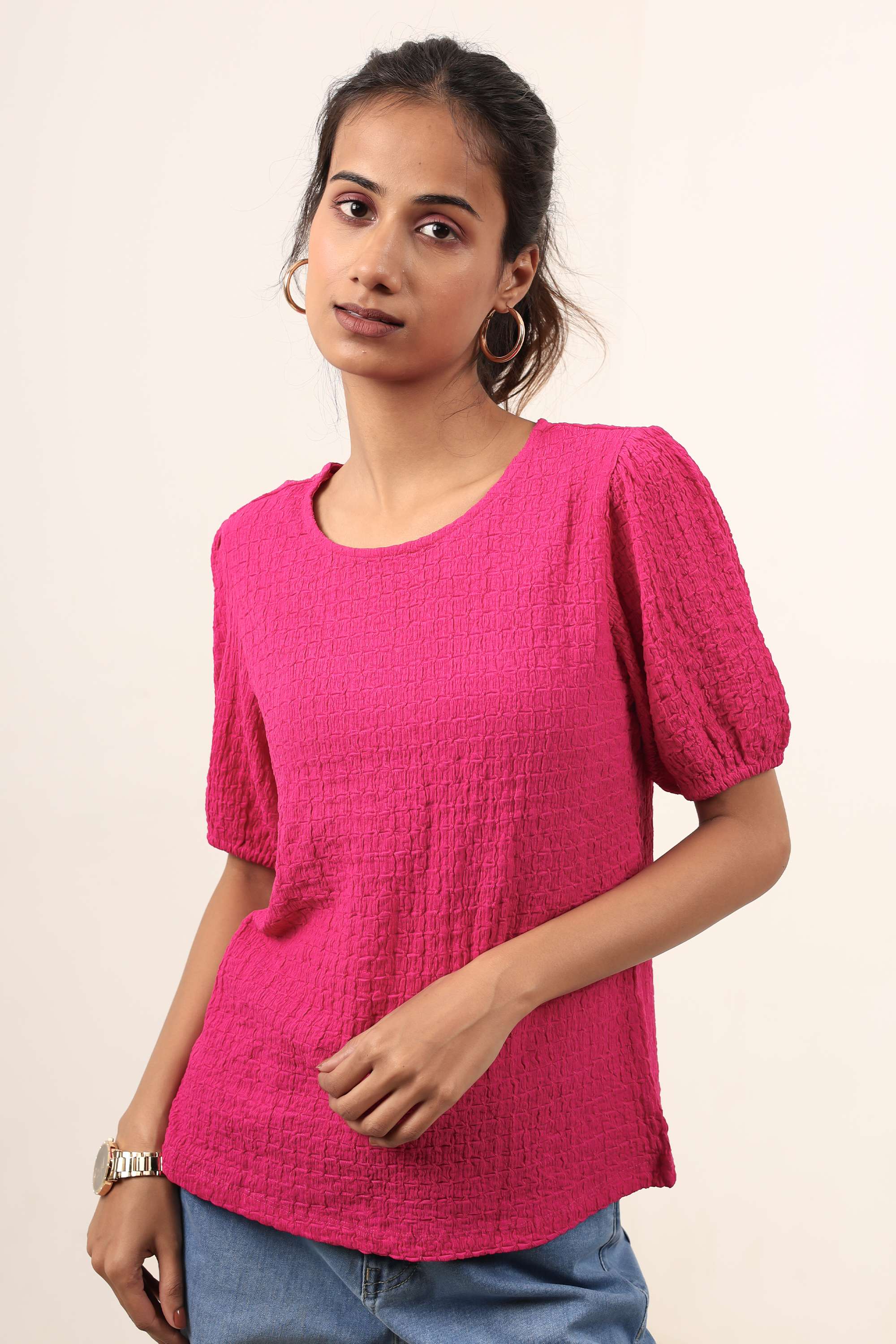 Textured-Polyester-Blend-Round-Neck-Women-s-Top