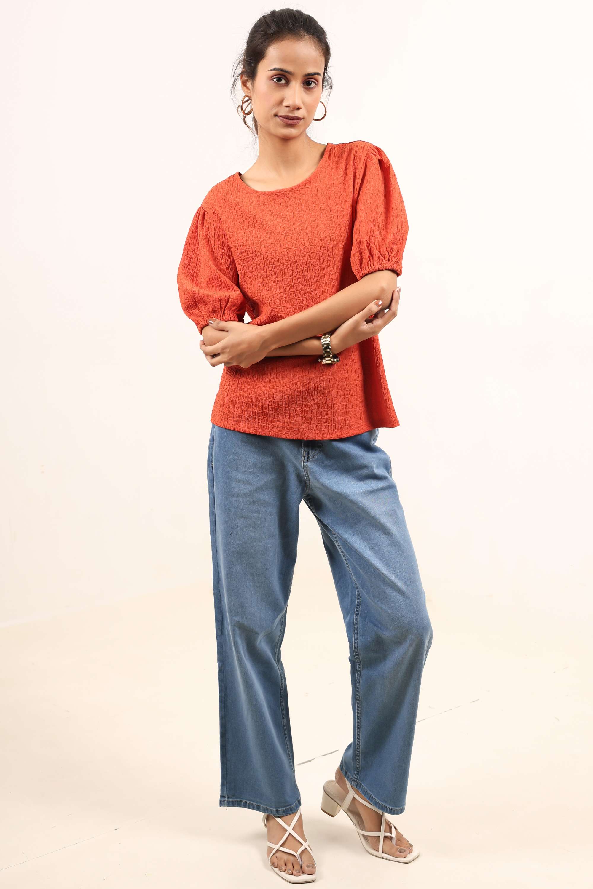 Textured-Polyester-Blend-Round-Neck-Women-s-Top