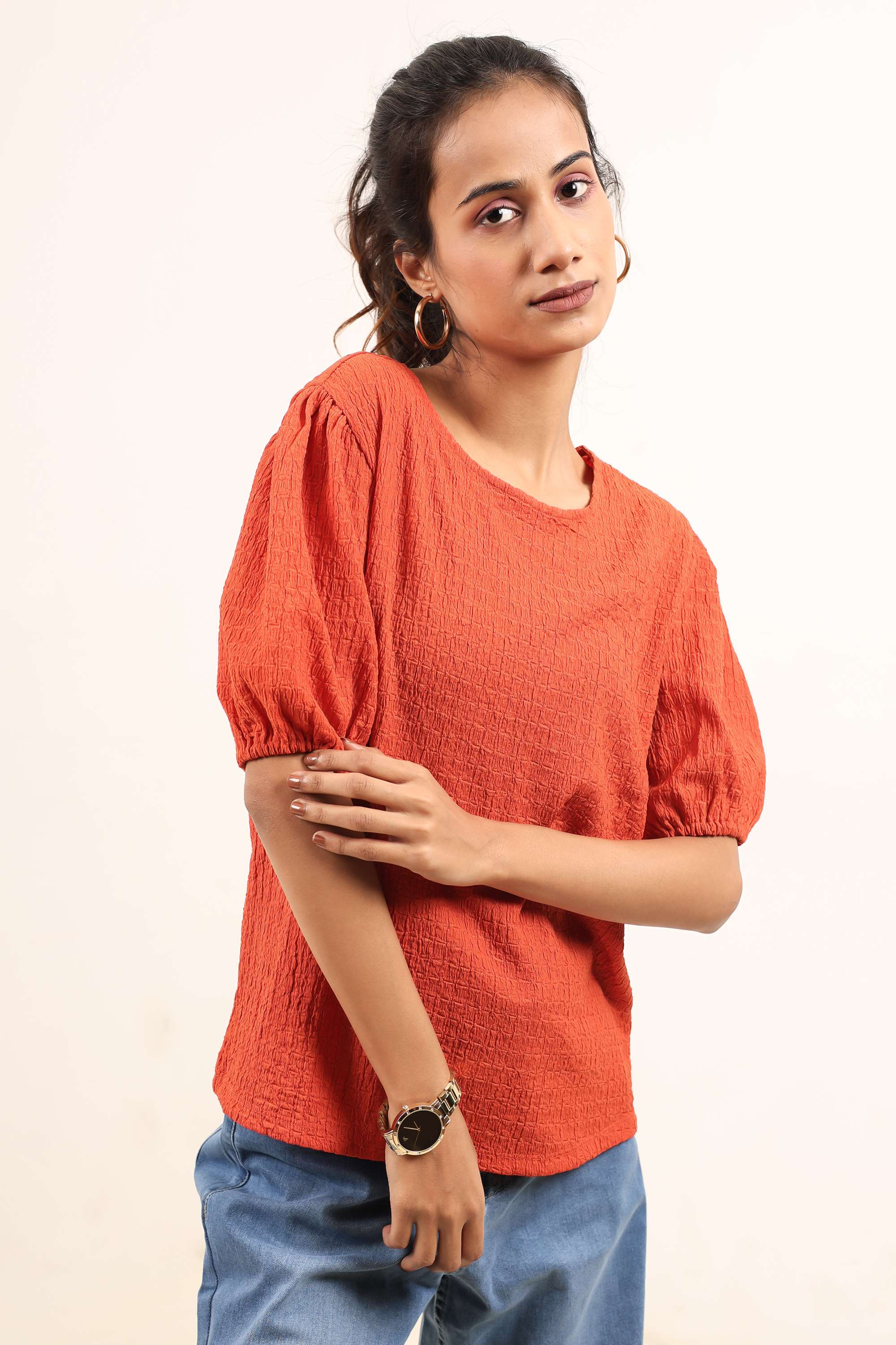 Textured-Polyester-Blend-Round-Neck-Women-s-Top