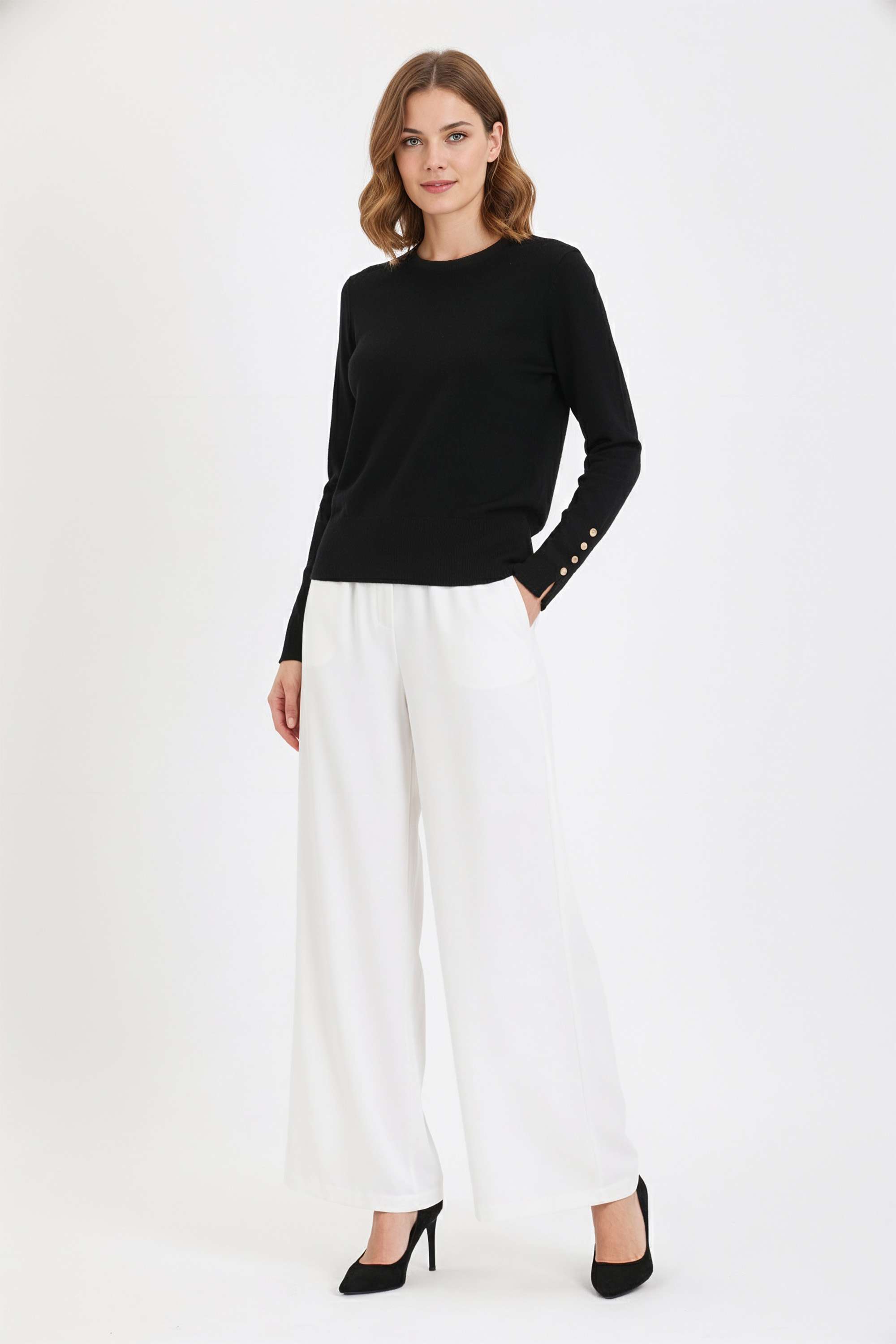 Solid-Round-Neck-Blended-Fabric-Women-s-Sweater