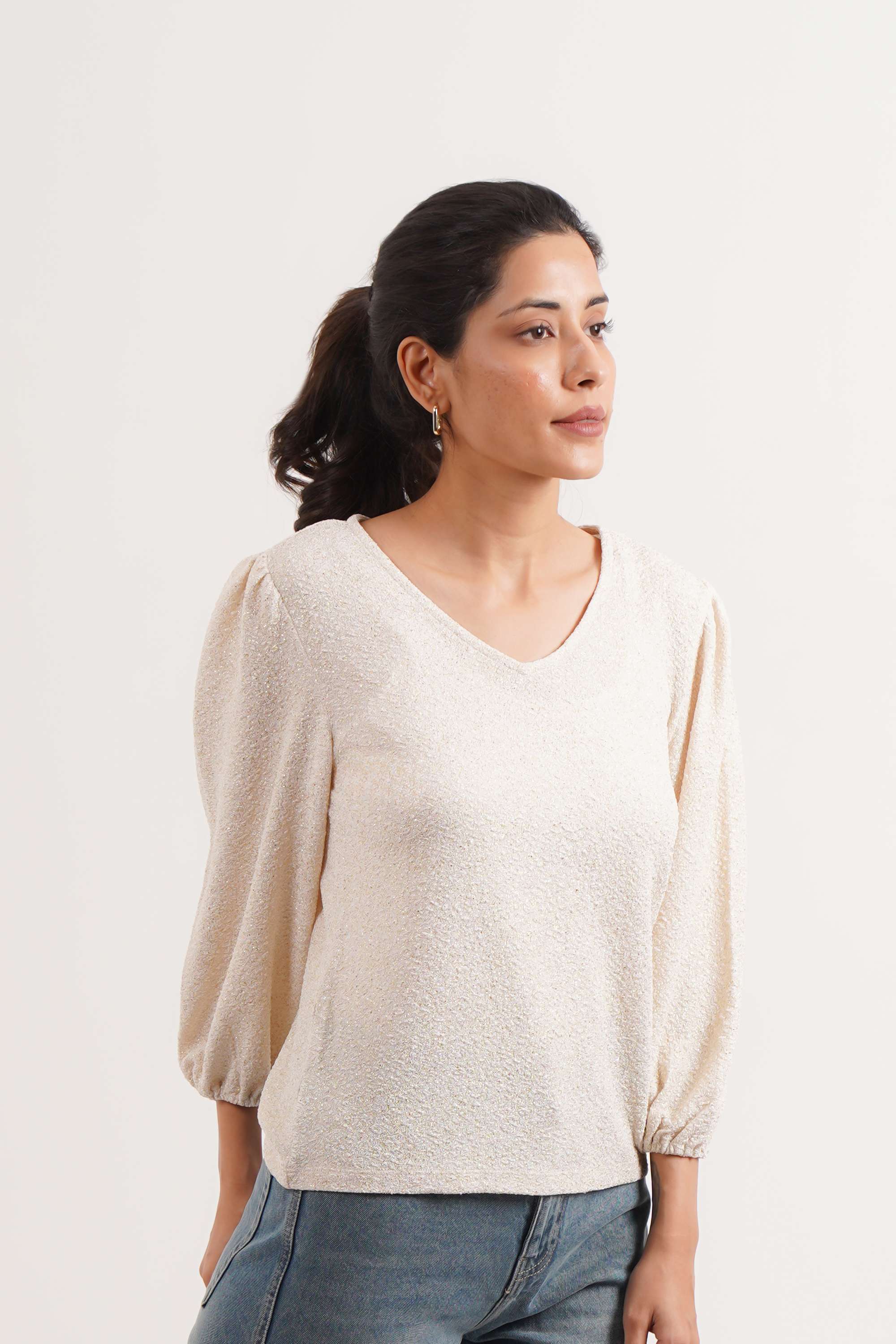 Solid-Polyester-V-Neck-Women-Top