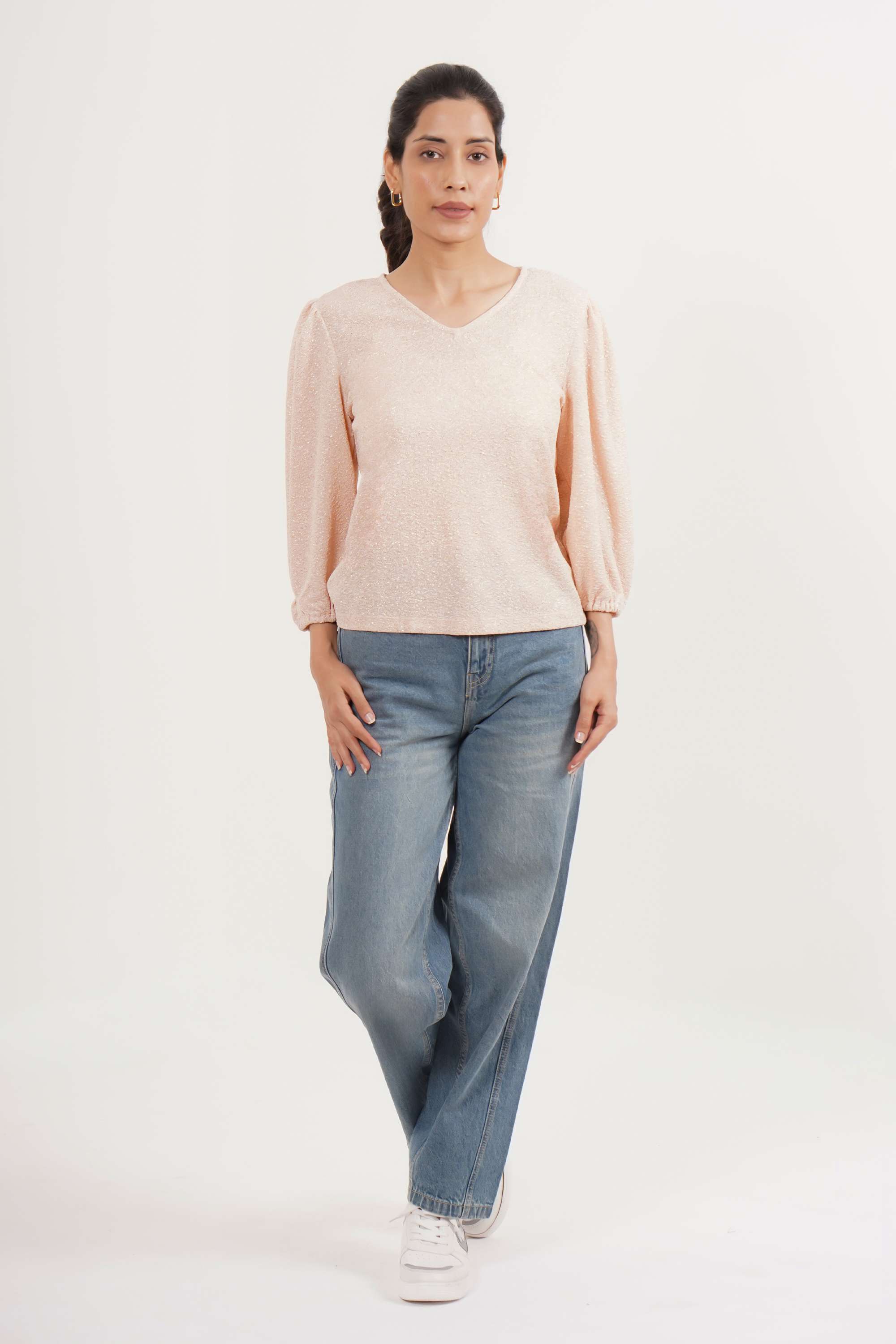 Solid-V-Neck-Polyester-Women-s-Casual-Wear-Top