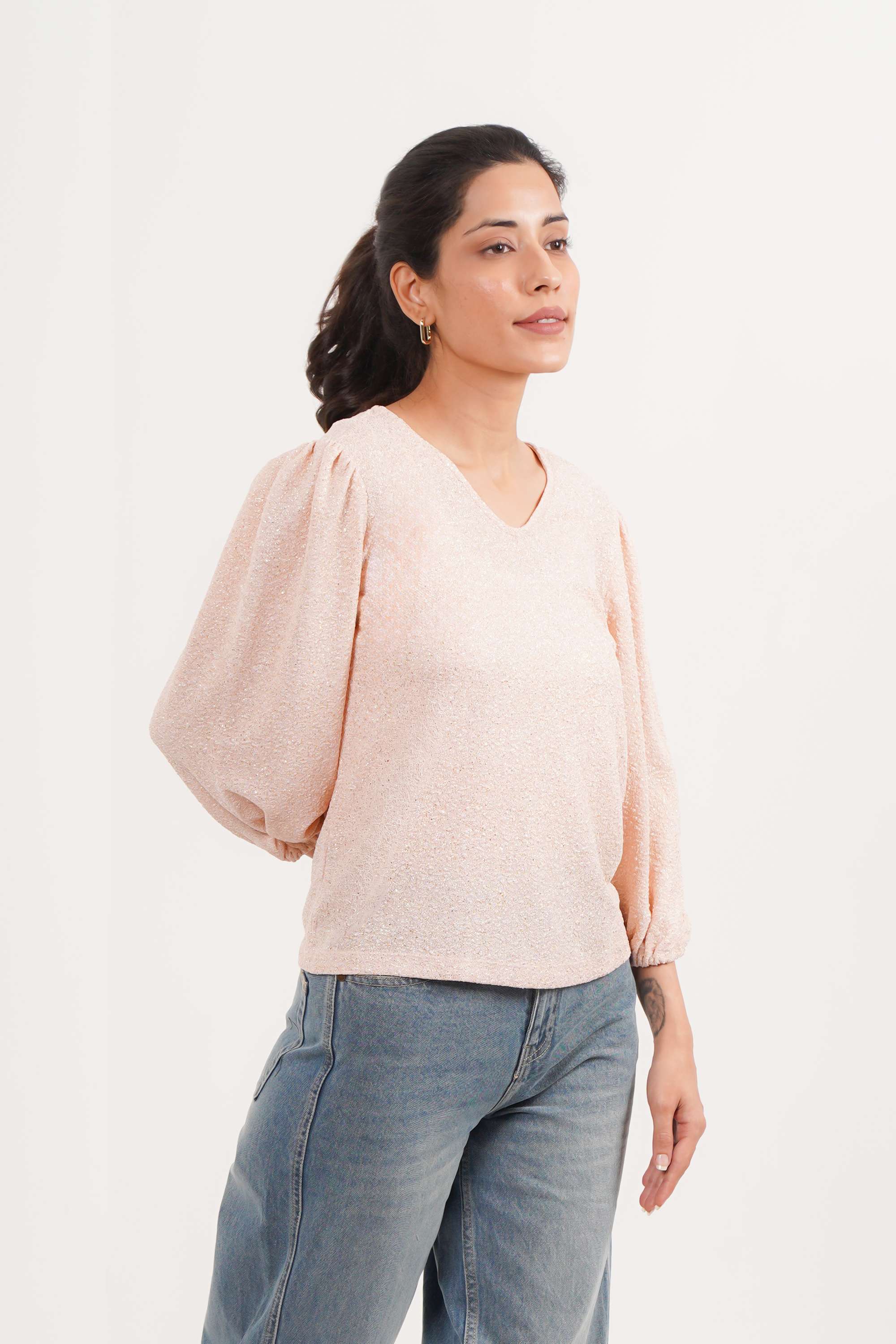 Solid-Polyester-V-Neck-Women-Top