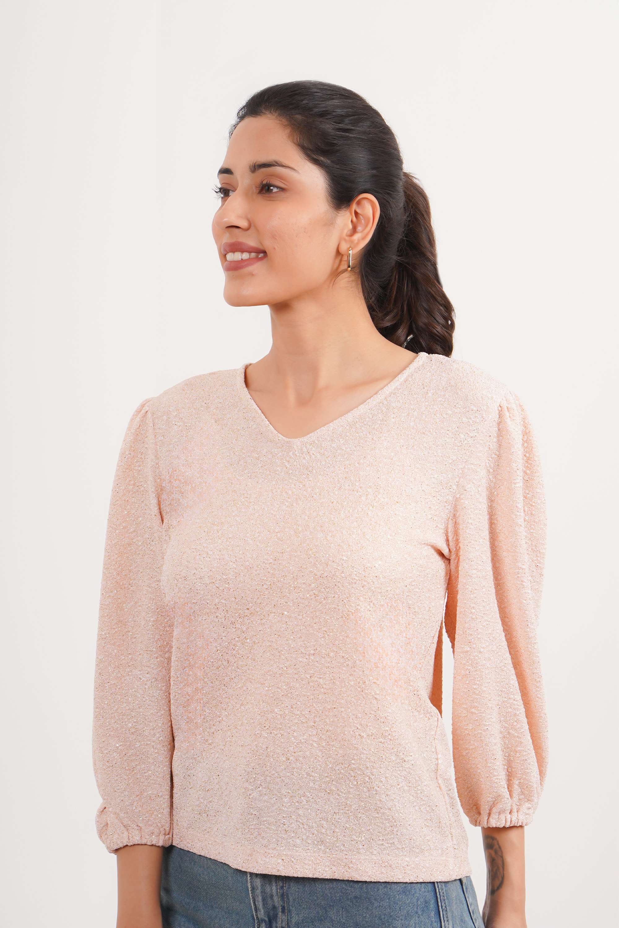 Buy FRATINI Peach Solid Polyester V-Neck Women Top | Shoppers Stop