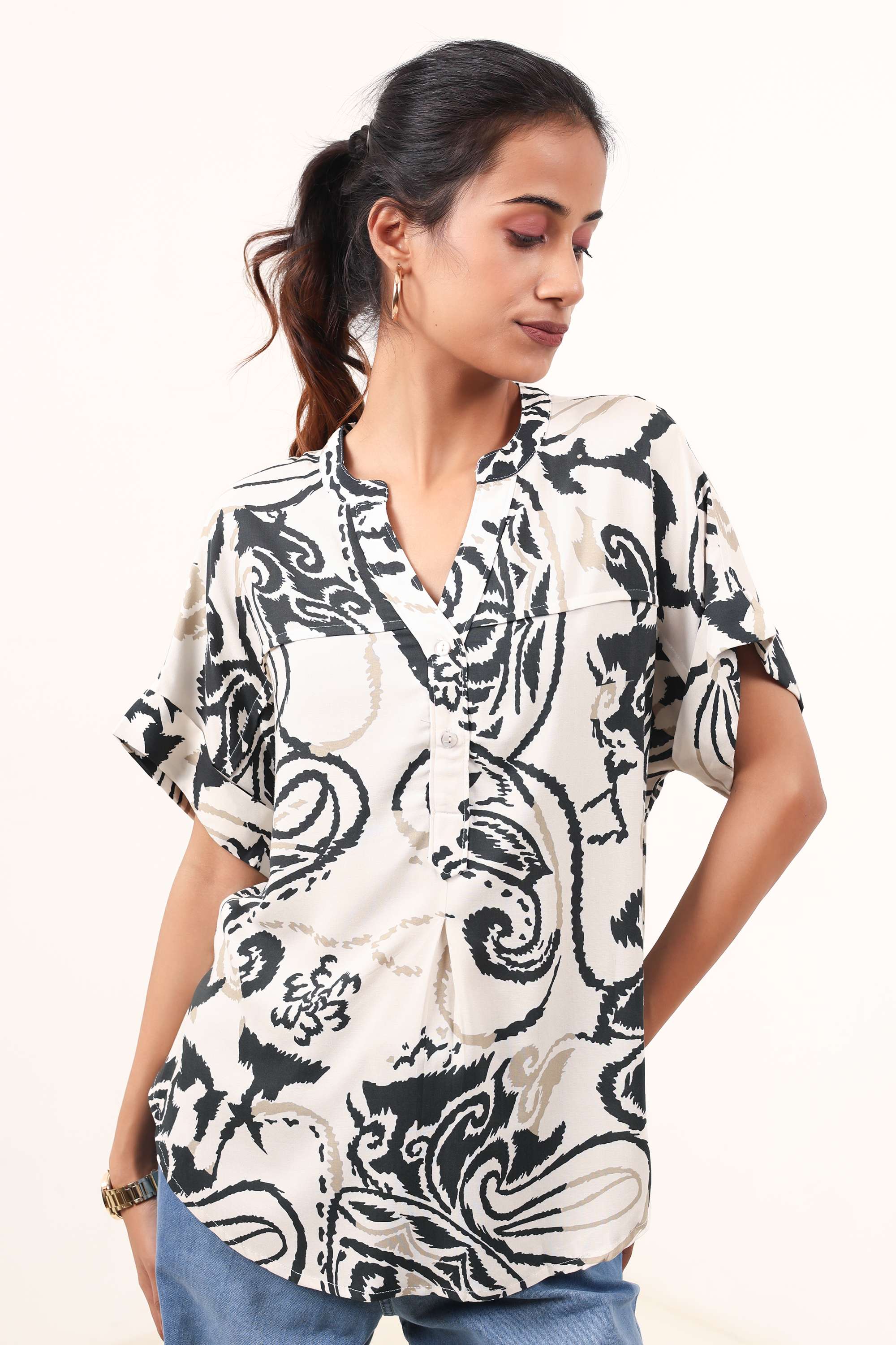 Printed-Rayon-V-Neck-Women-s-Top