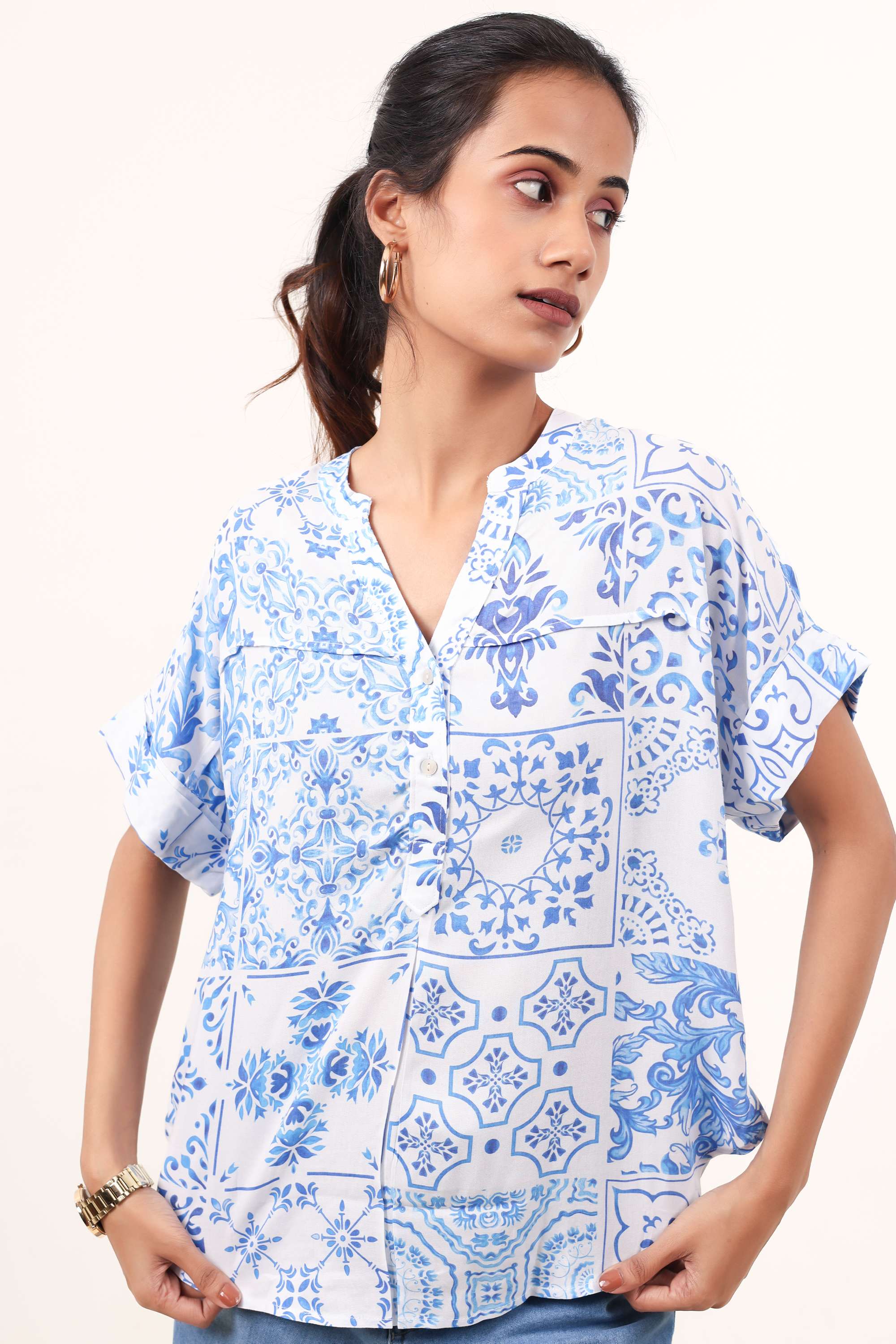 Printed-Rayon-V-Neck-Women-s-Top