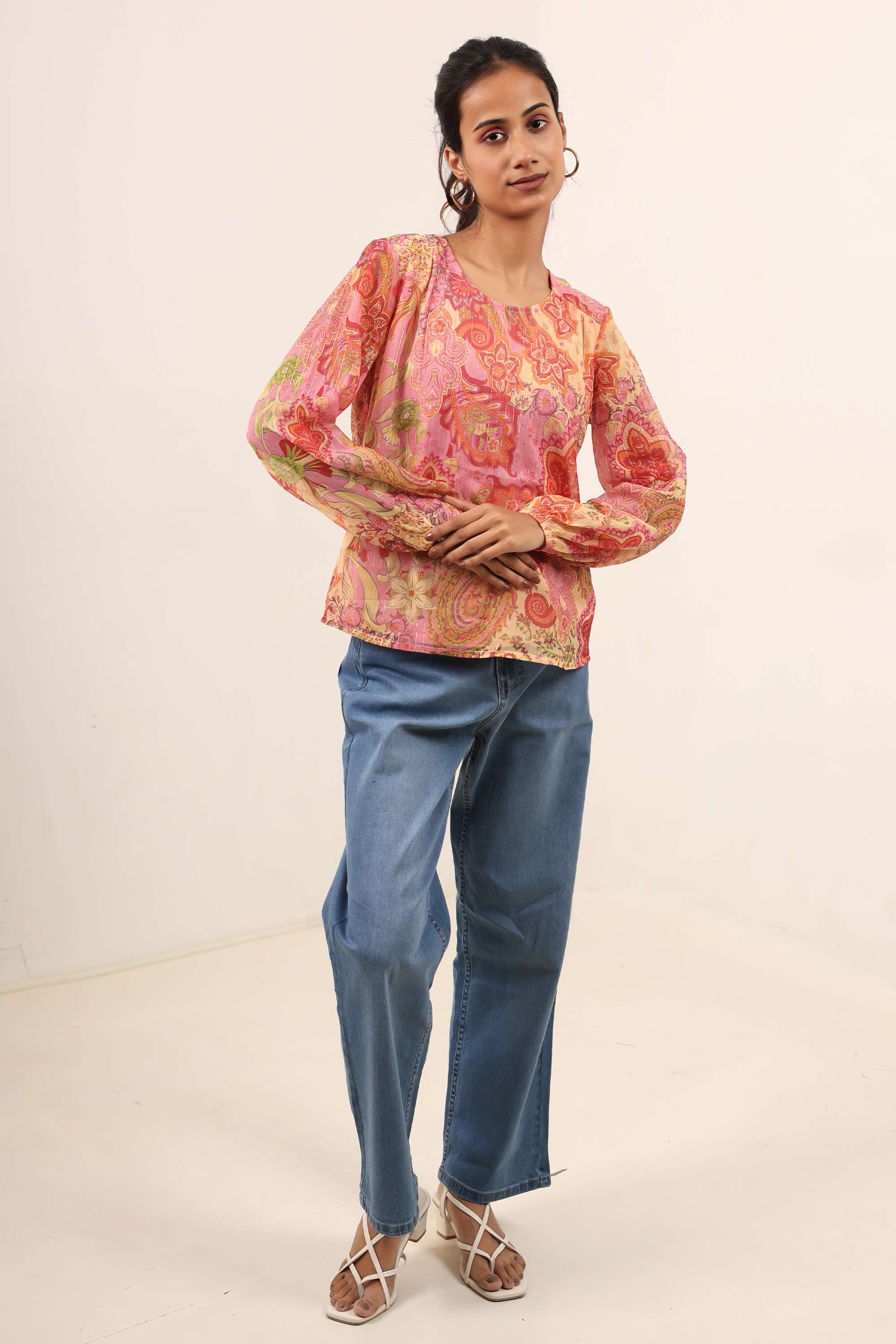 Printed-Chiffon-Round-Neck-Women-s-Top