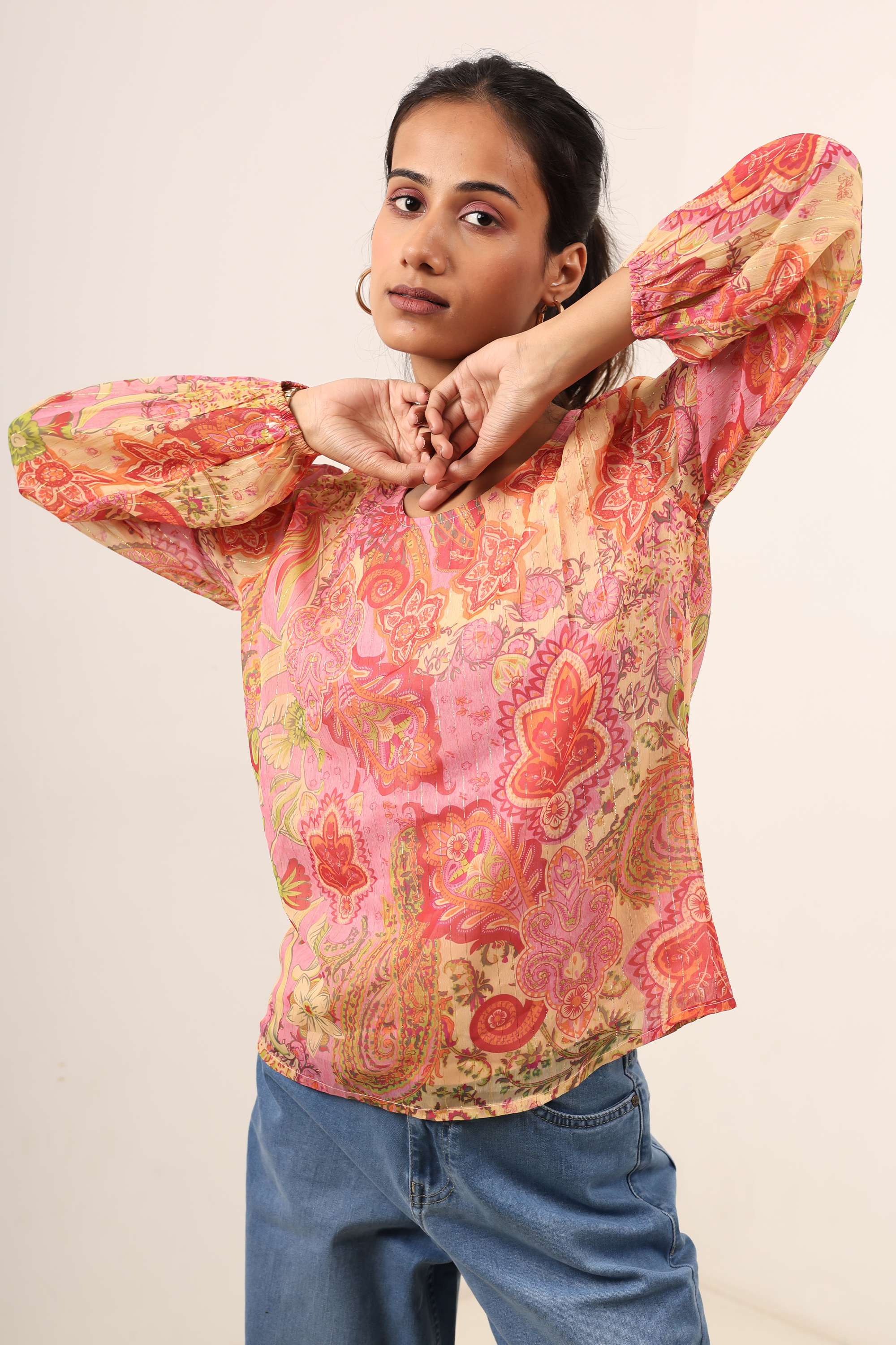 Printed-Chiffon-Round-Neck-Women-s-Top