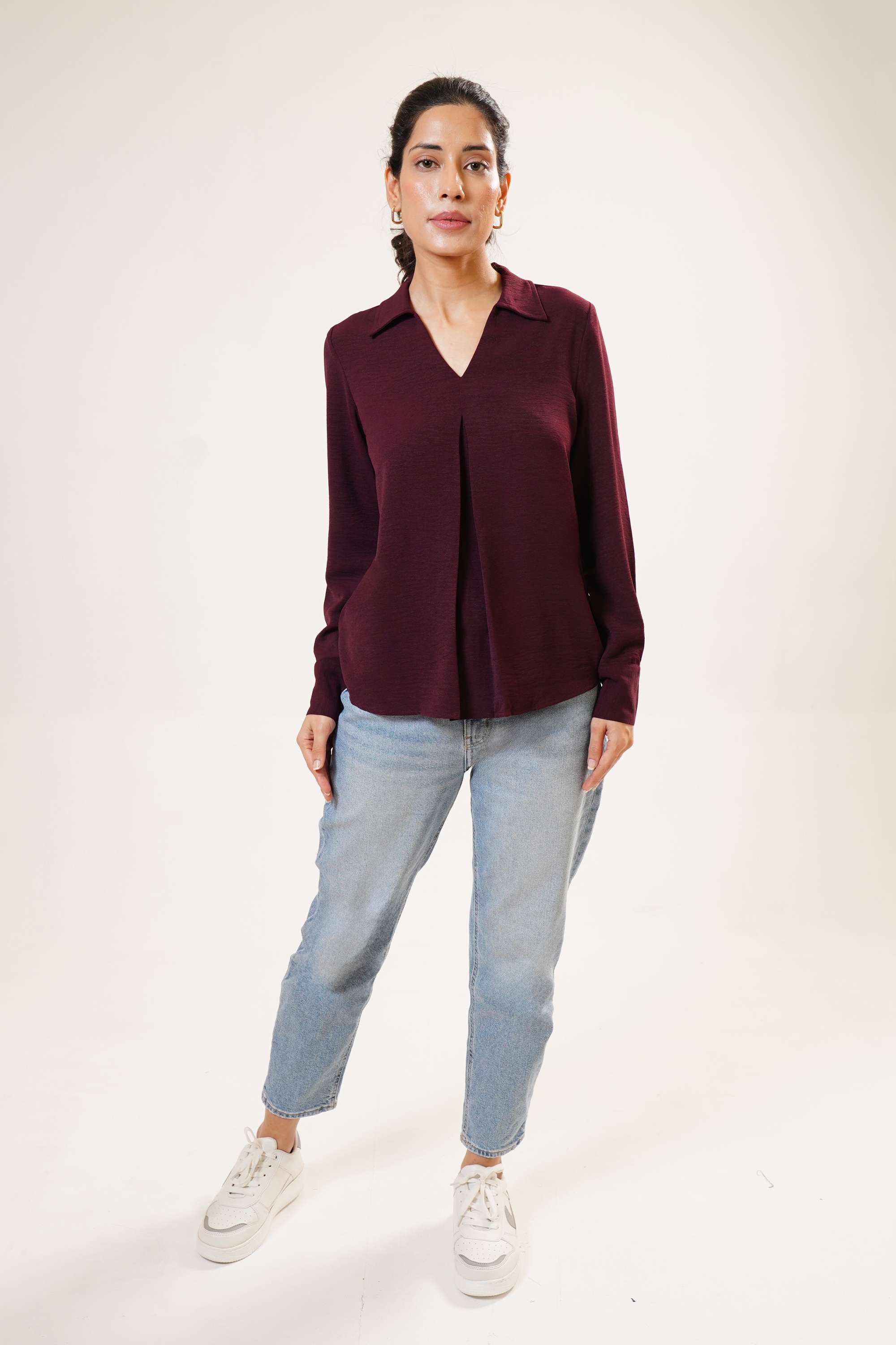 Solid-Polyester-Collared-Women-Casual-Wear-Top