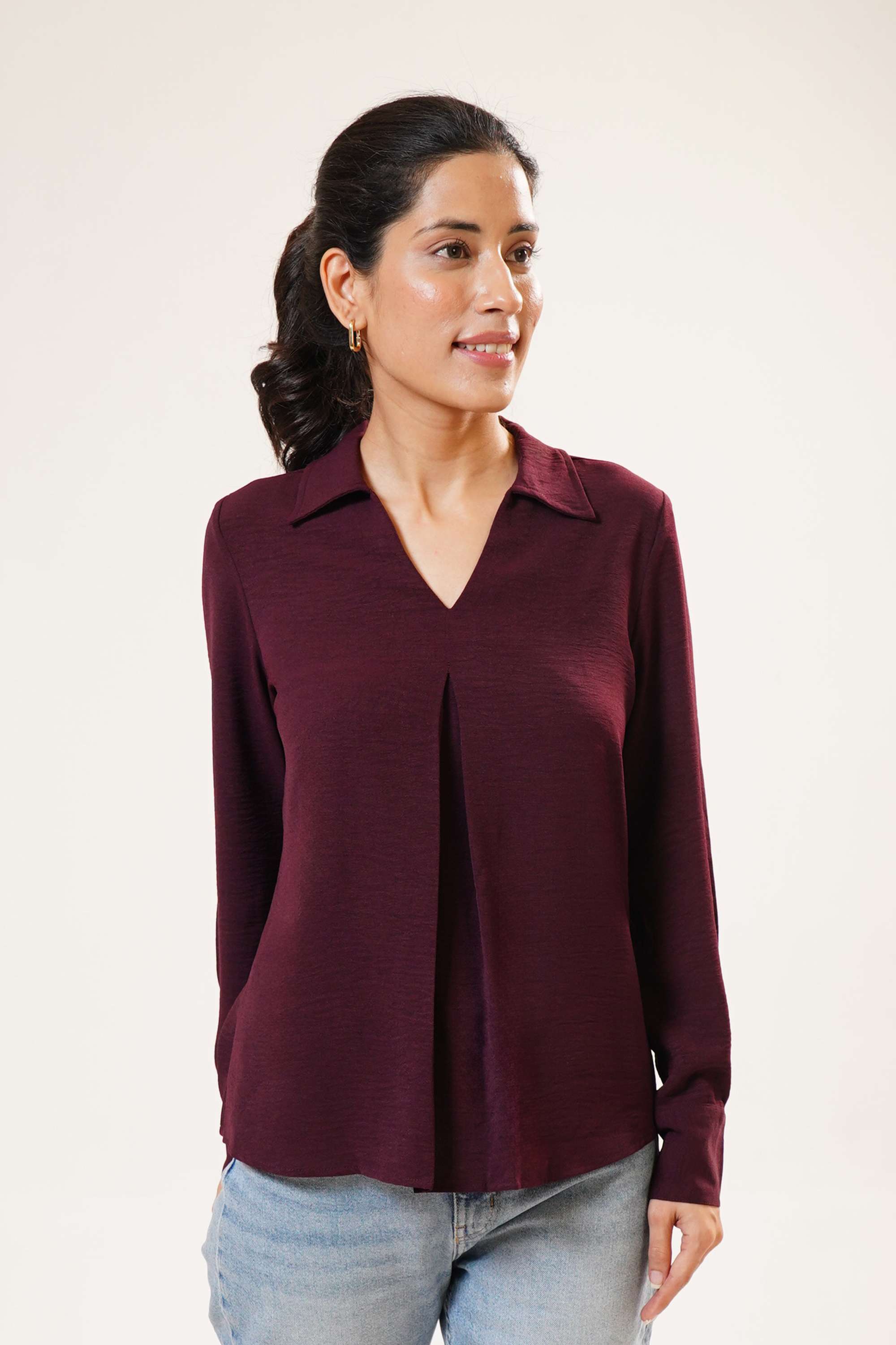 Solid-Polyester-Collared-Women-Casual-Wear-Top