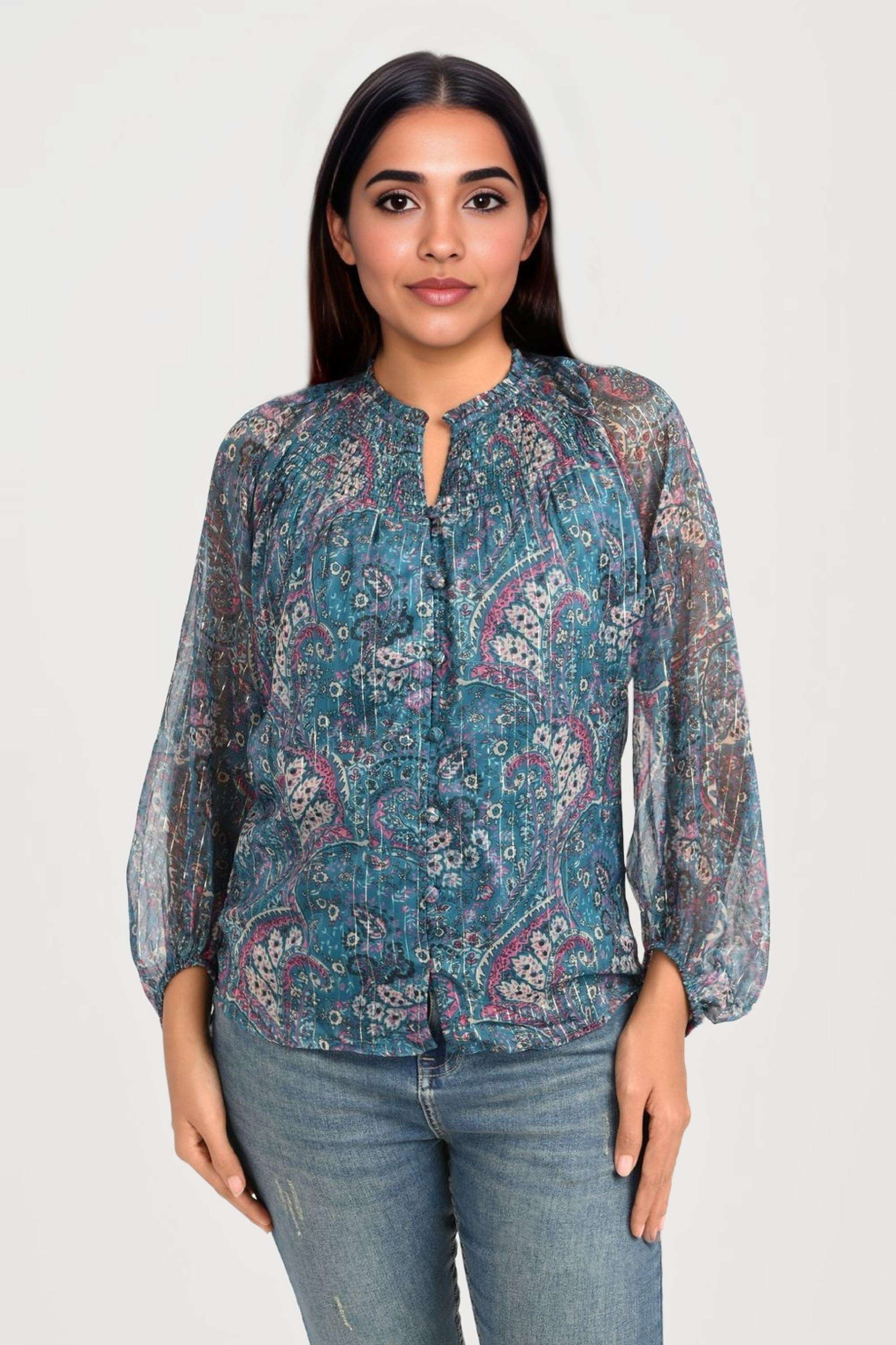Printed-Chiffon-Round-Neck-Women-s-Top