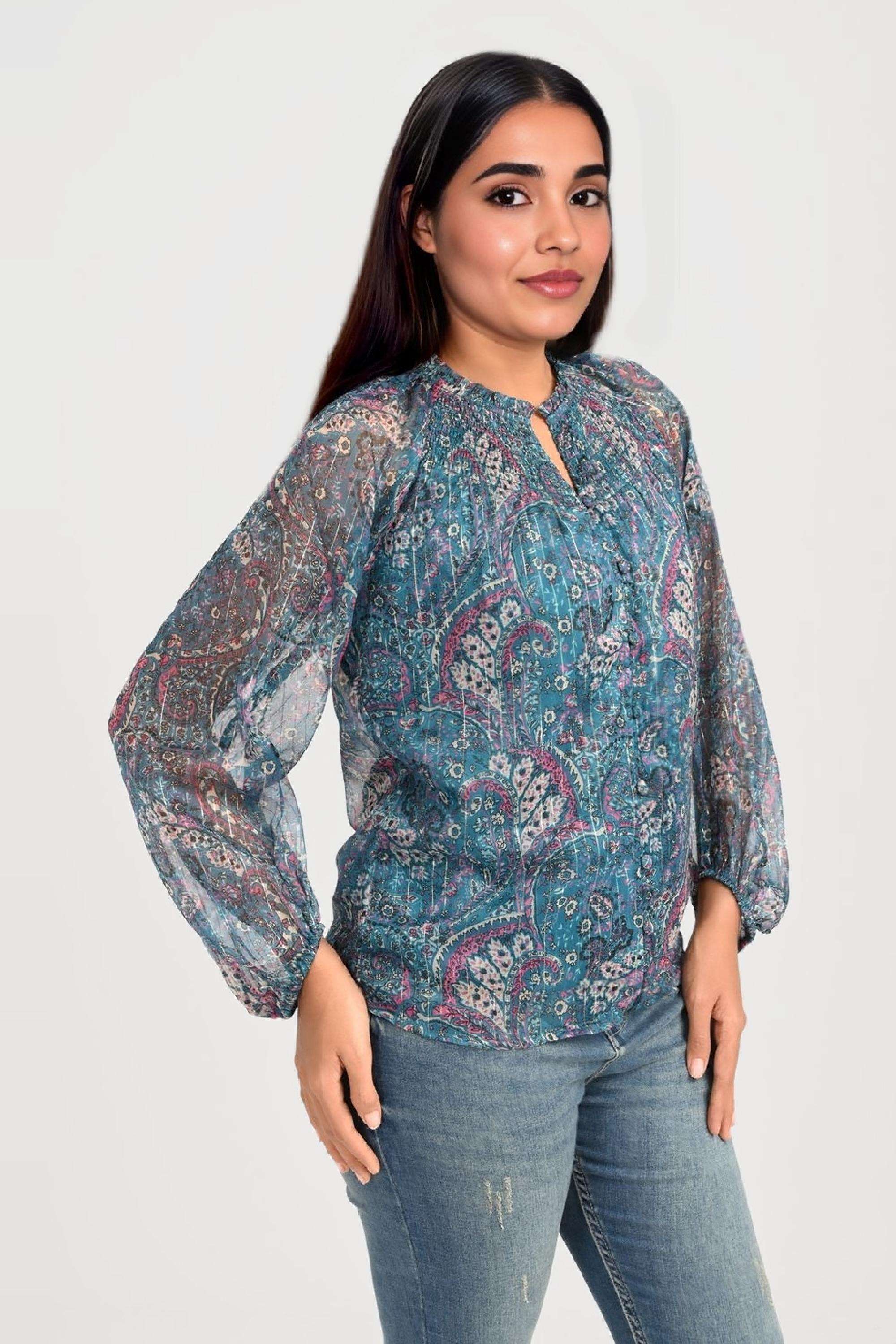 Printed-Chiffon-Round-Neck-Women-s-Top