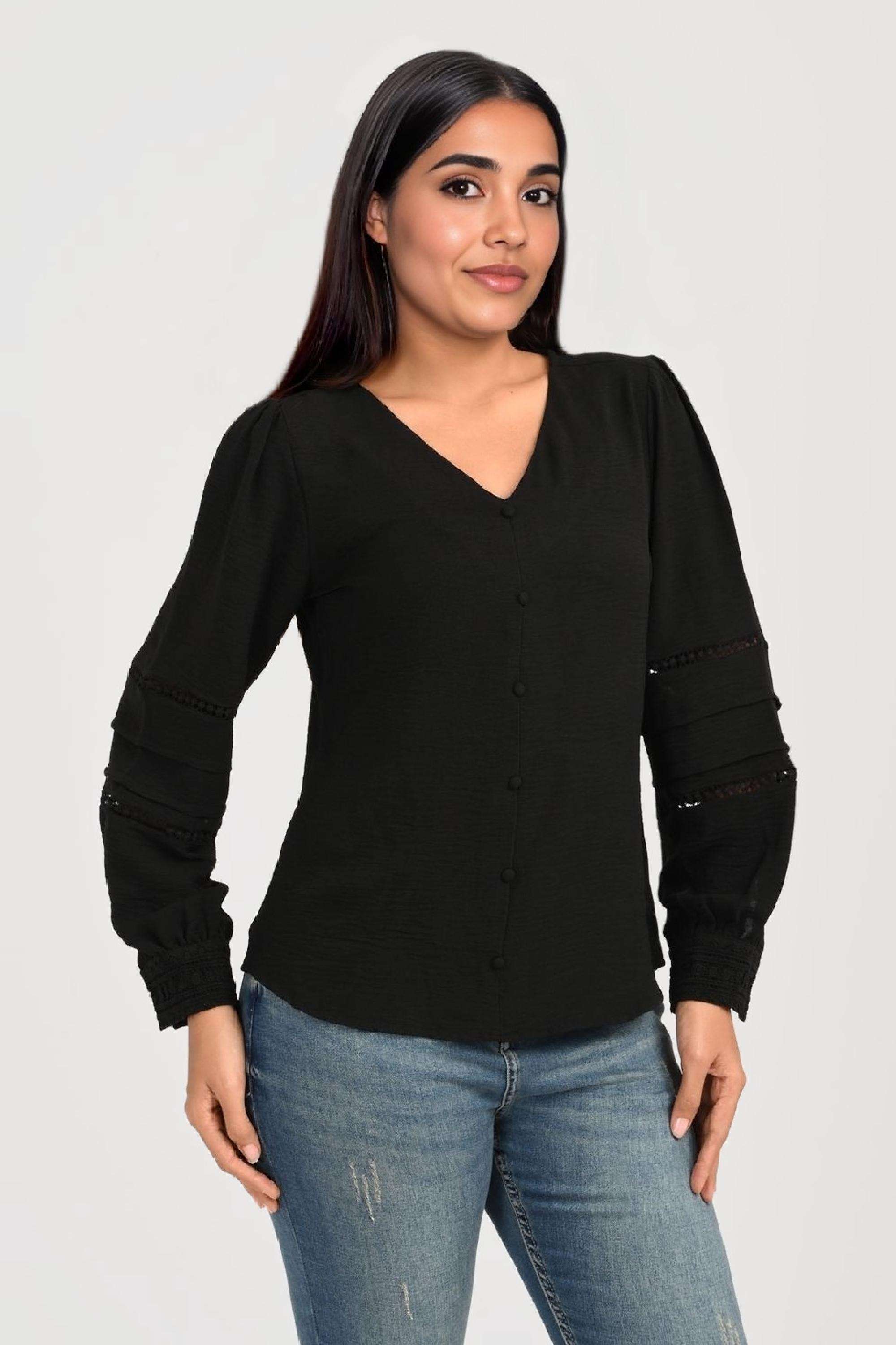 Solid-Blended-Fabric-V-Neck-Women-s-Top