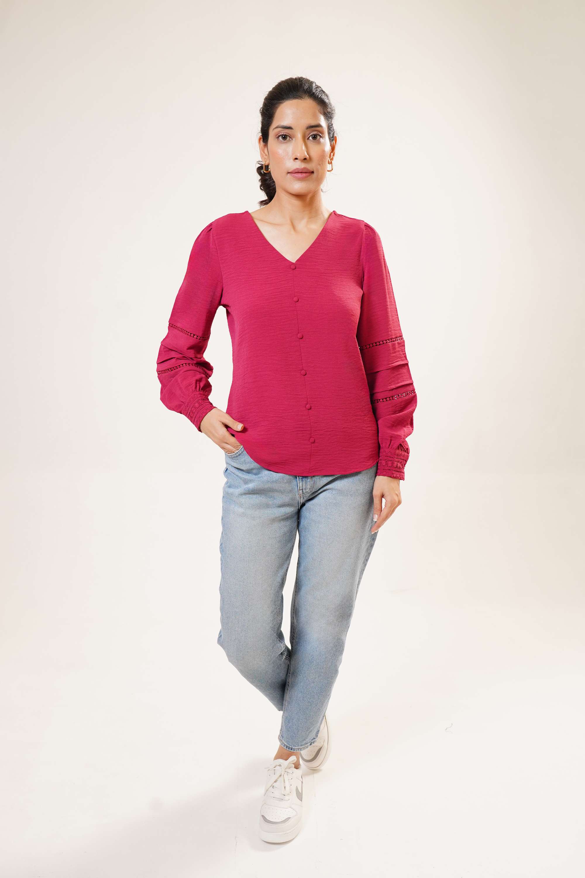 Solid-Viscose-V-Neck-Women-Casual-Wear-Top