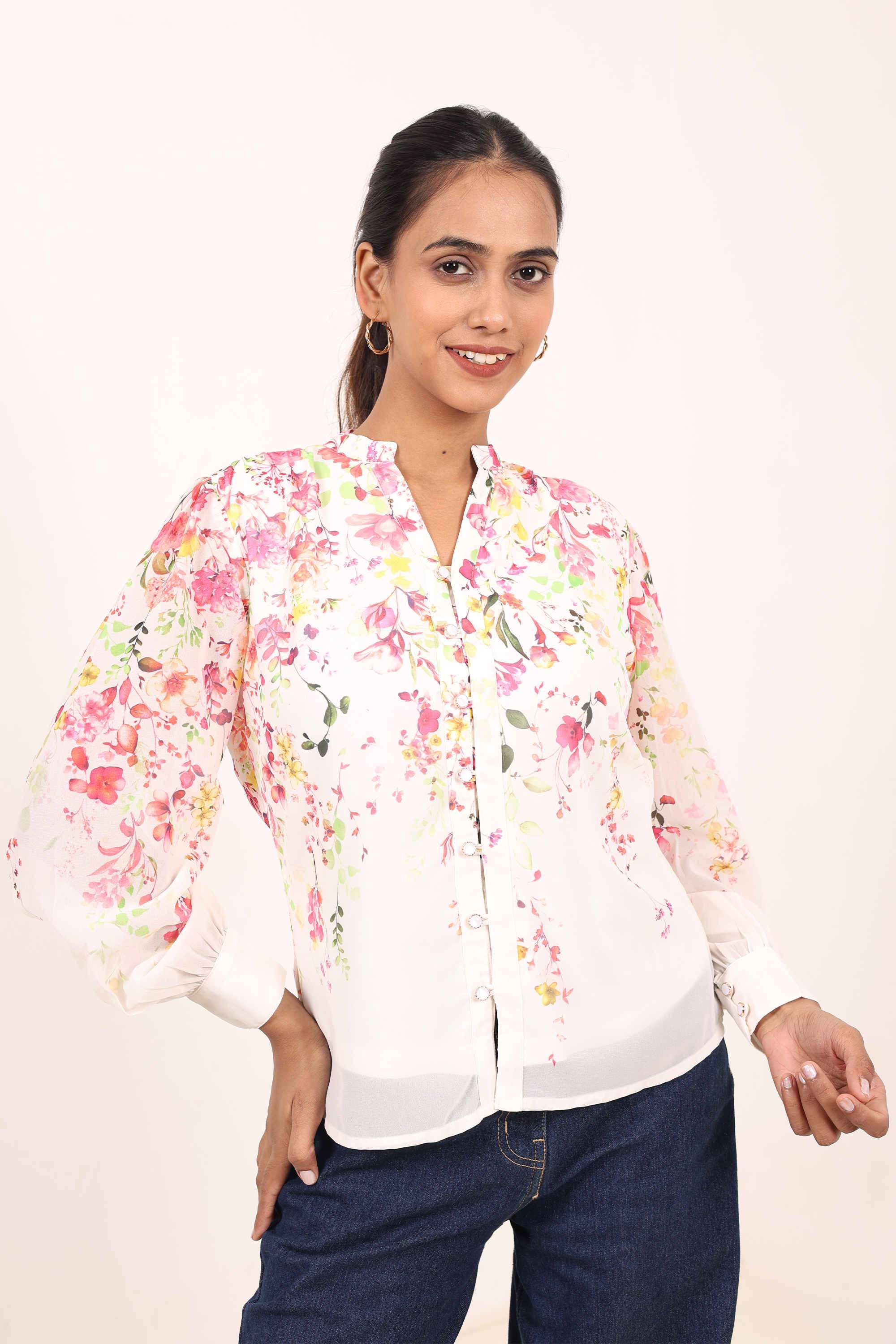 Floral-Georgette-Collared-Women-Top