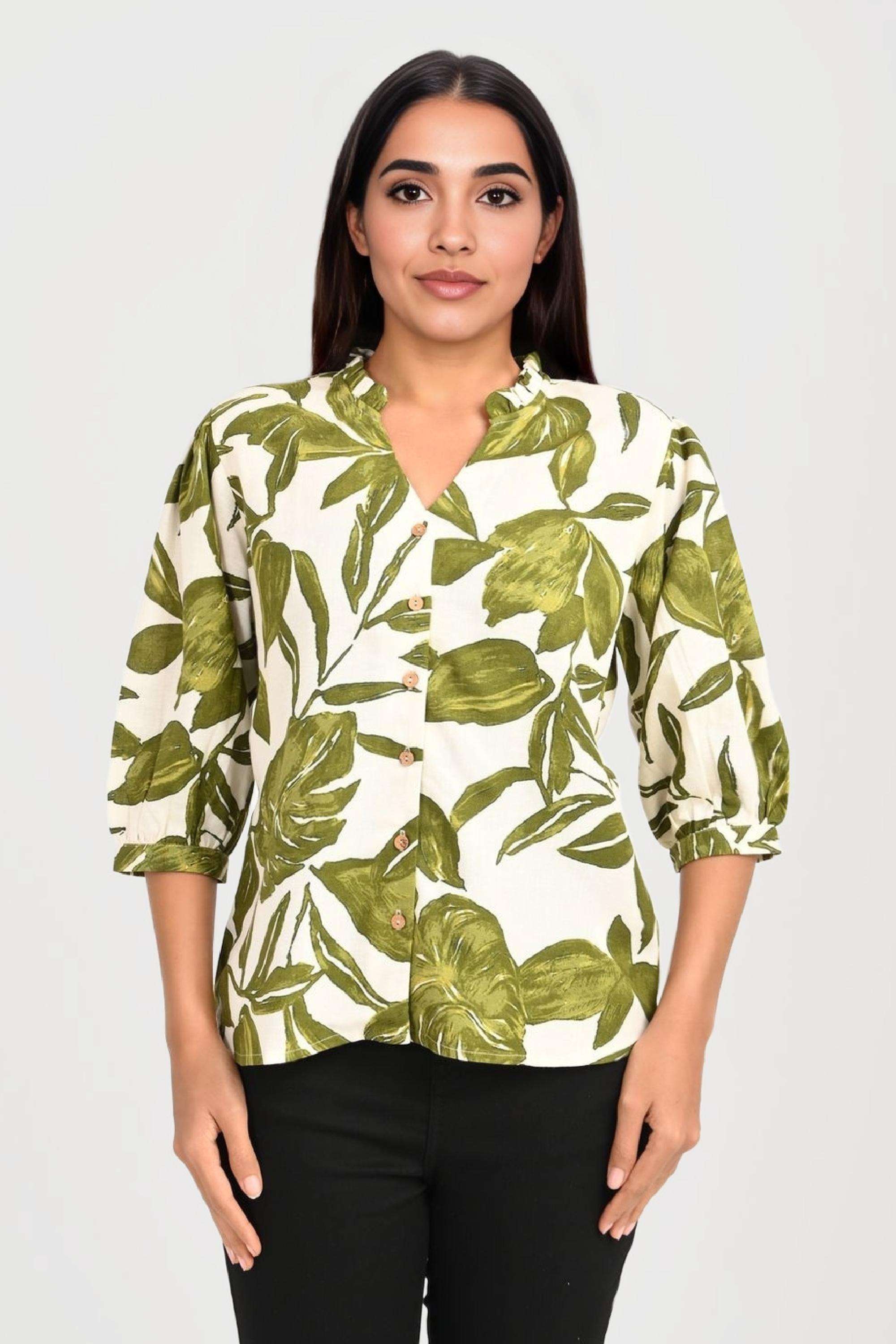 Printed-Cotton-Blend-V-Neck-Women-s-Top