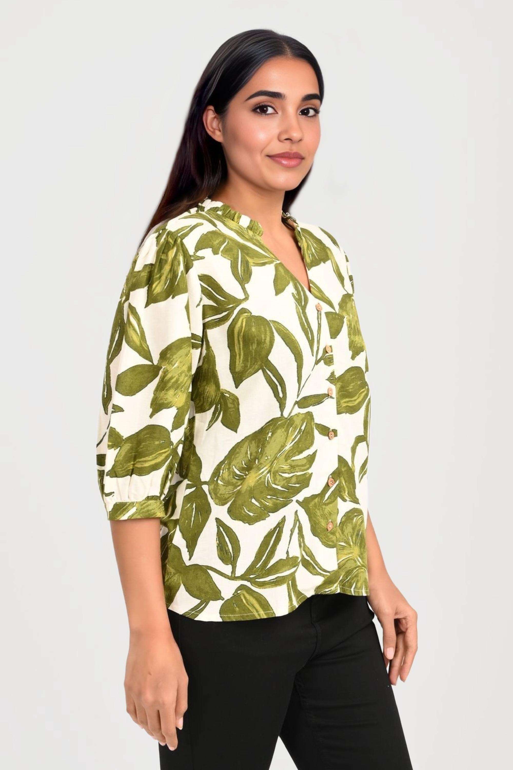 Printed-Cotton-Blend-V-Neck-Women-s-Top