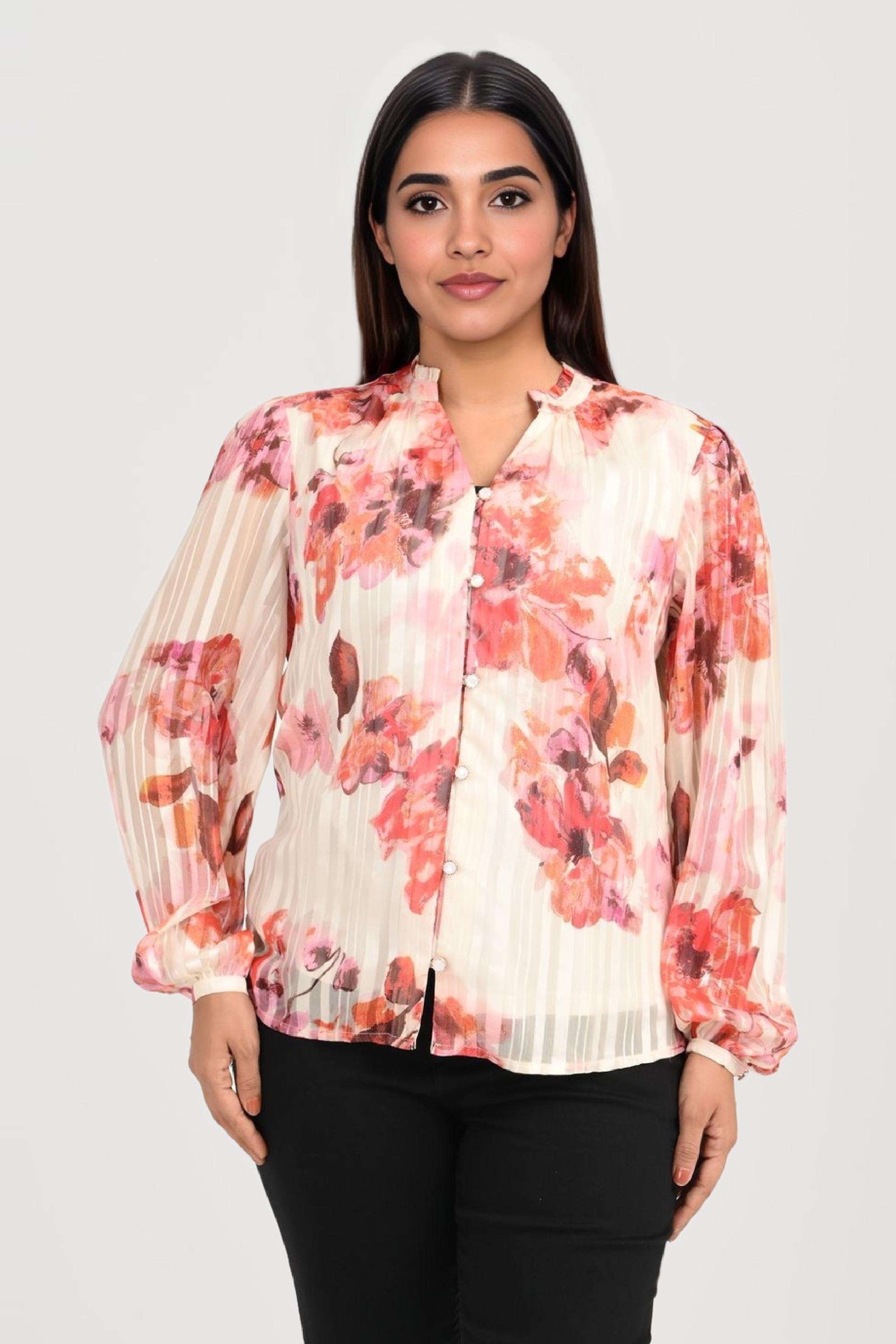 Printed-Chiffon-V-Neck-Women-Casual-Wear-Top