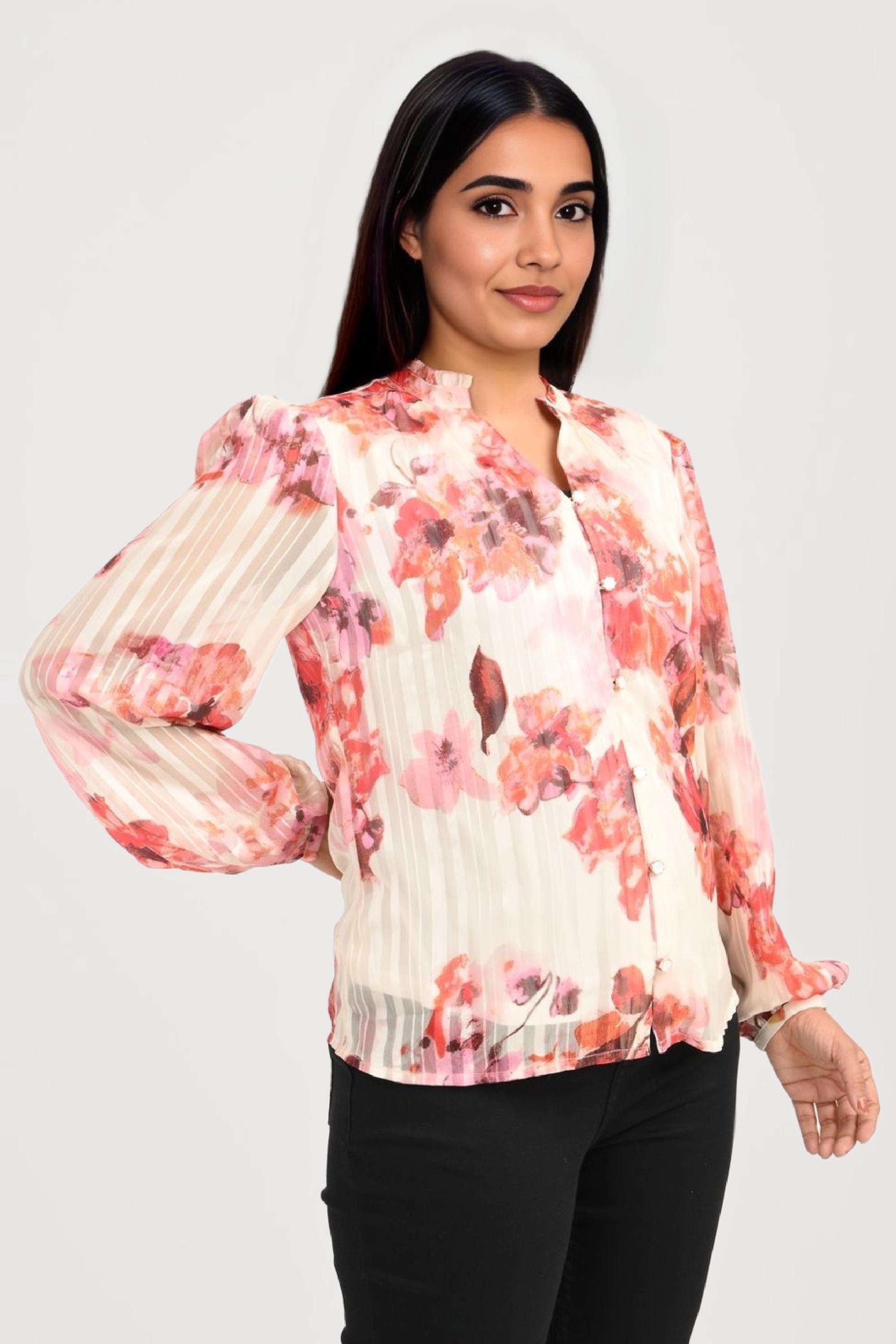 Printed-Chiffon-V-Neck-Women-Casual-Wear-Top