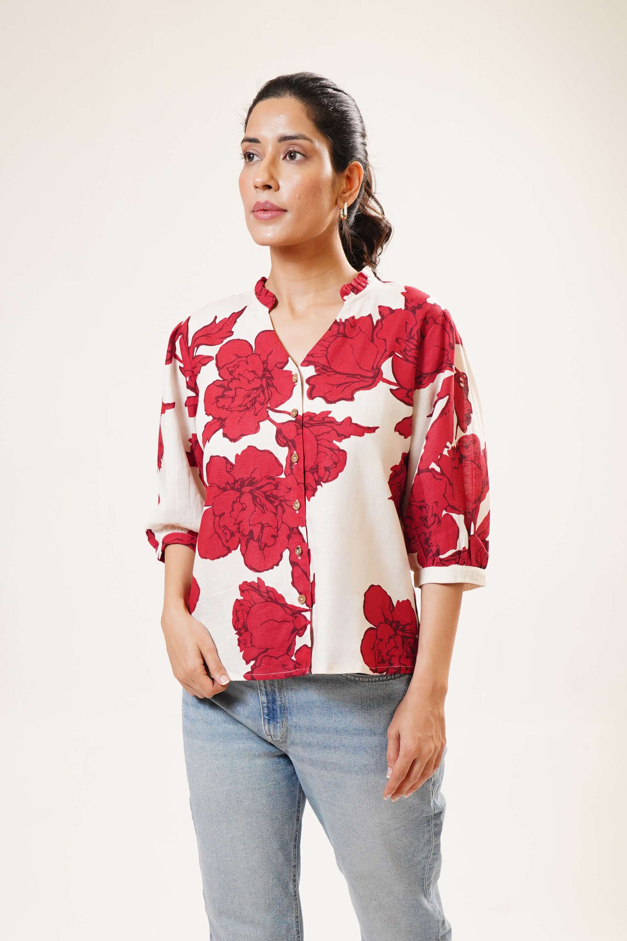 Printed-Cotton-Blend-V-Neck-Women-Casual-Wear-Top