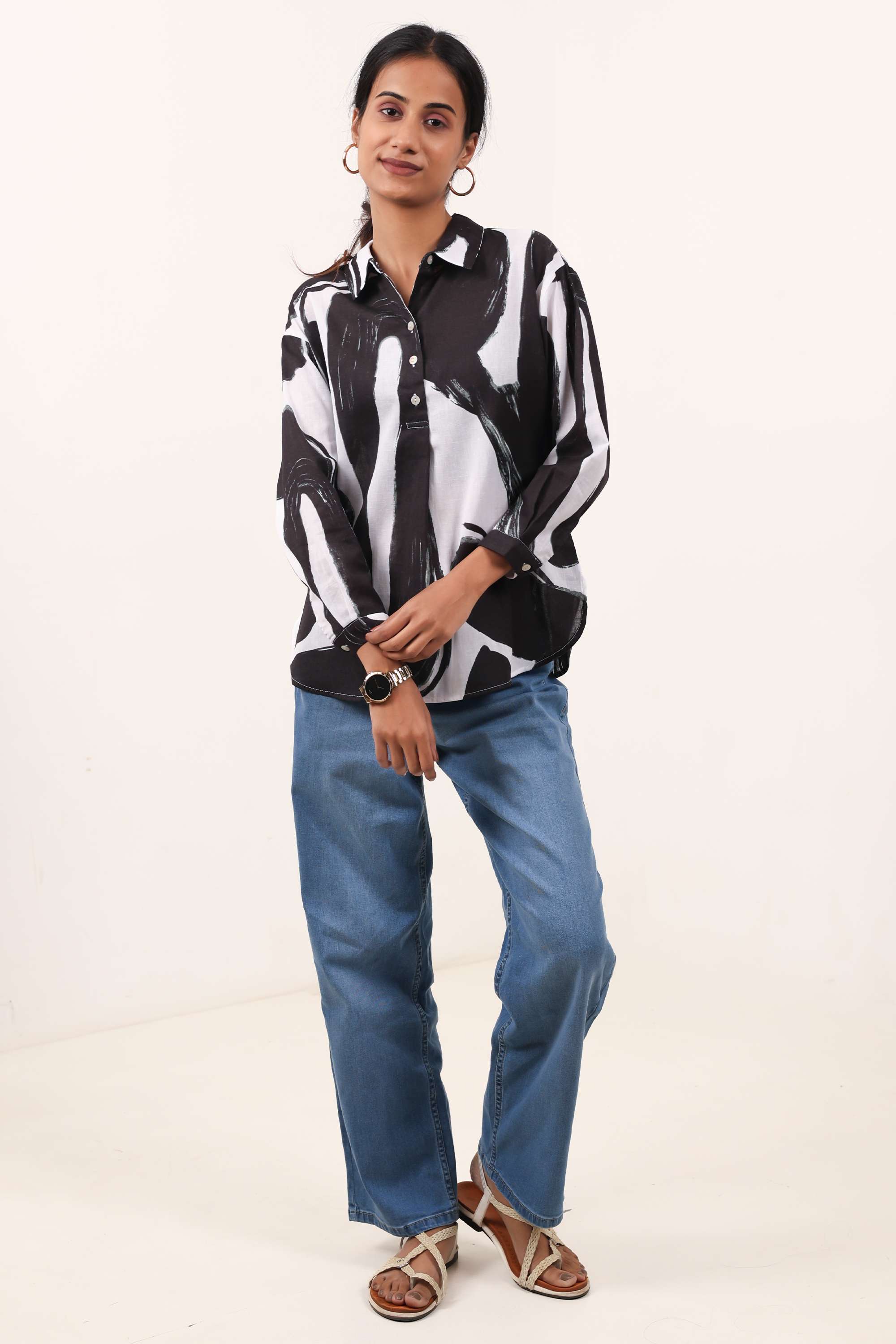 Abstract-Cotton-Blend-Collared-Women-s-Top