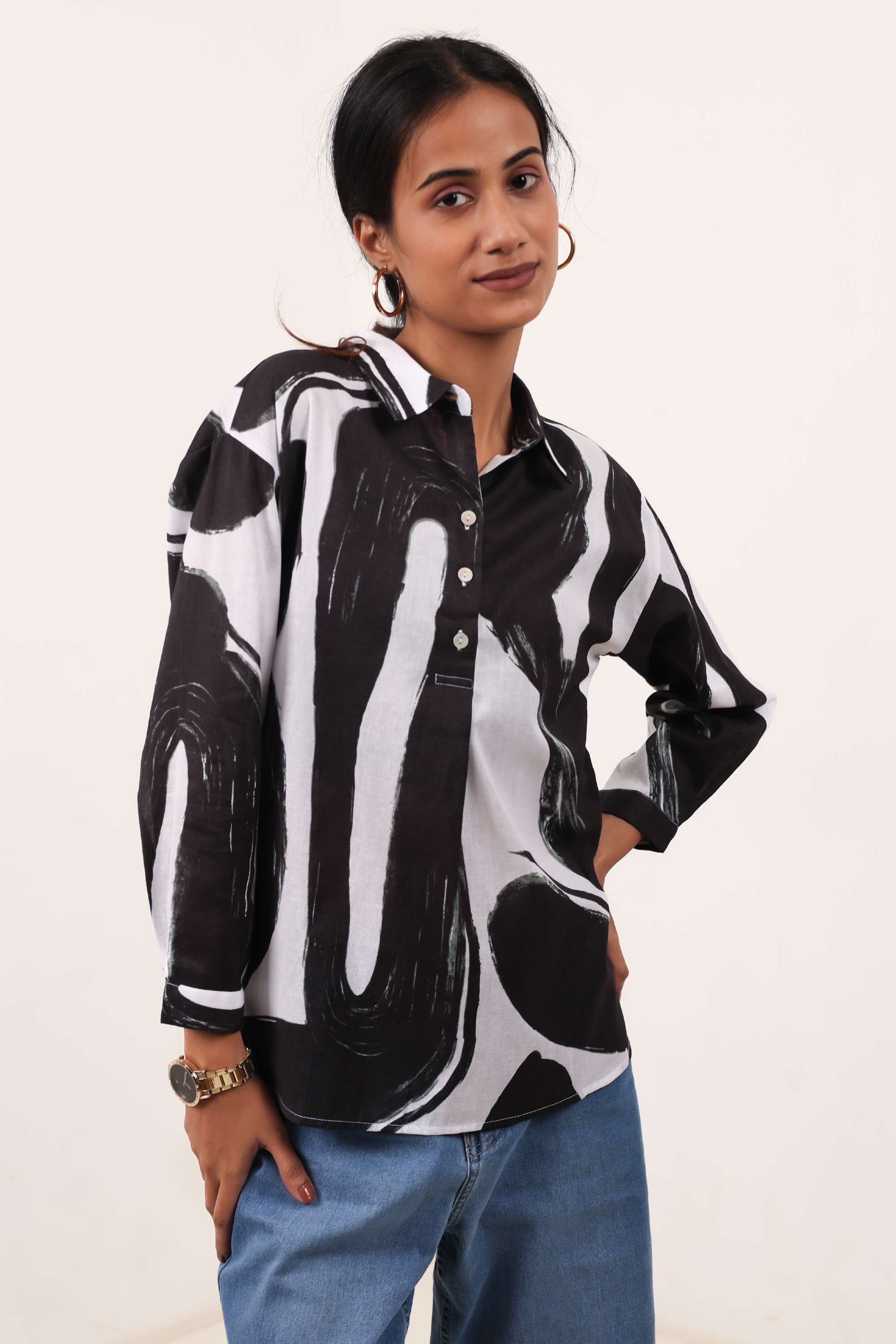Abstract-Cotton-Blend-Collared-Women-s-Top