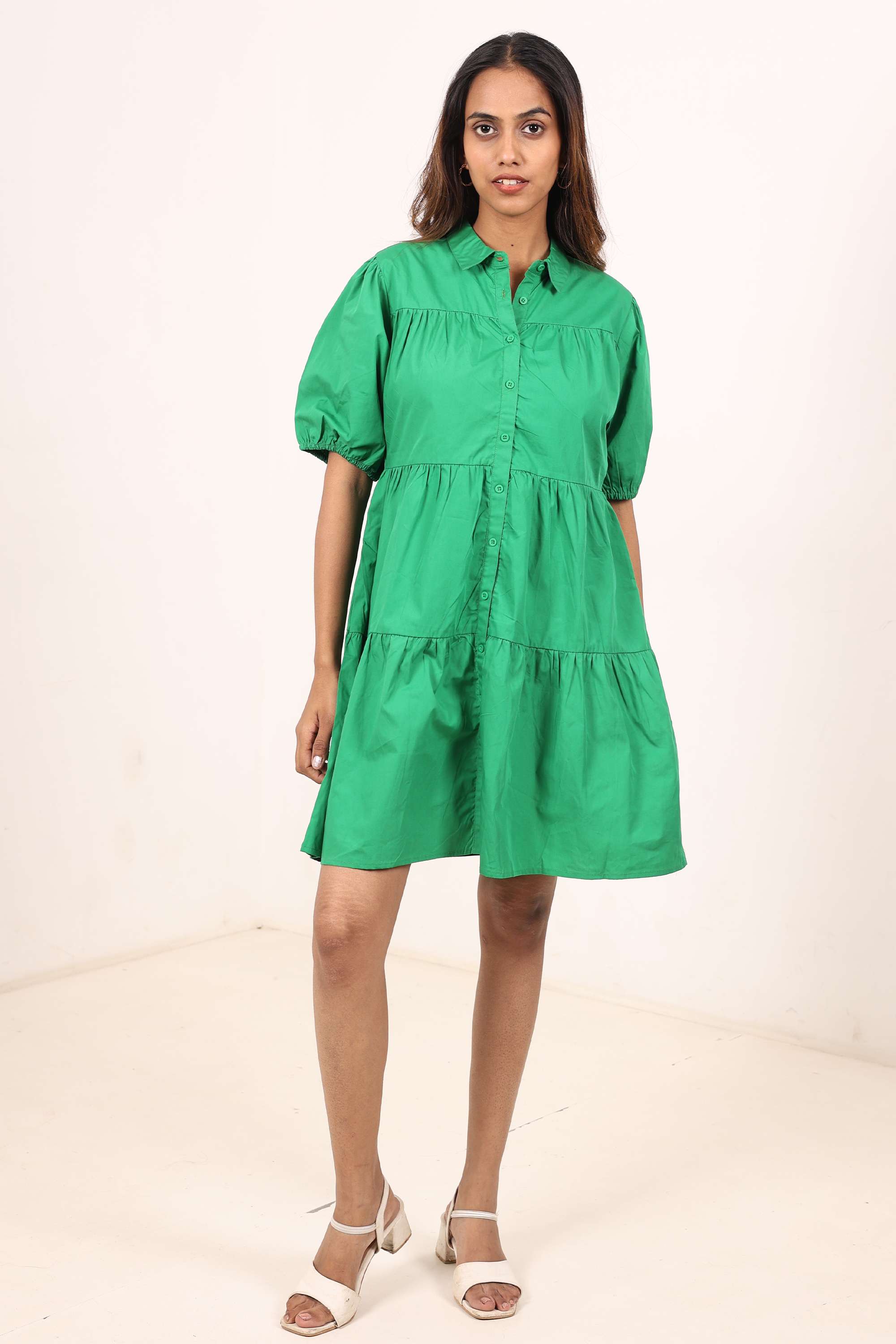Solid-Blended-Fabric-Collared-Women-s-Casual-Wear-Dress
