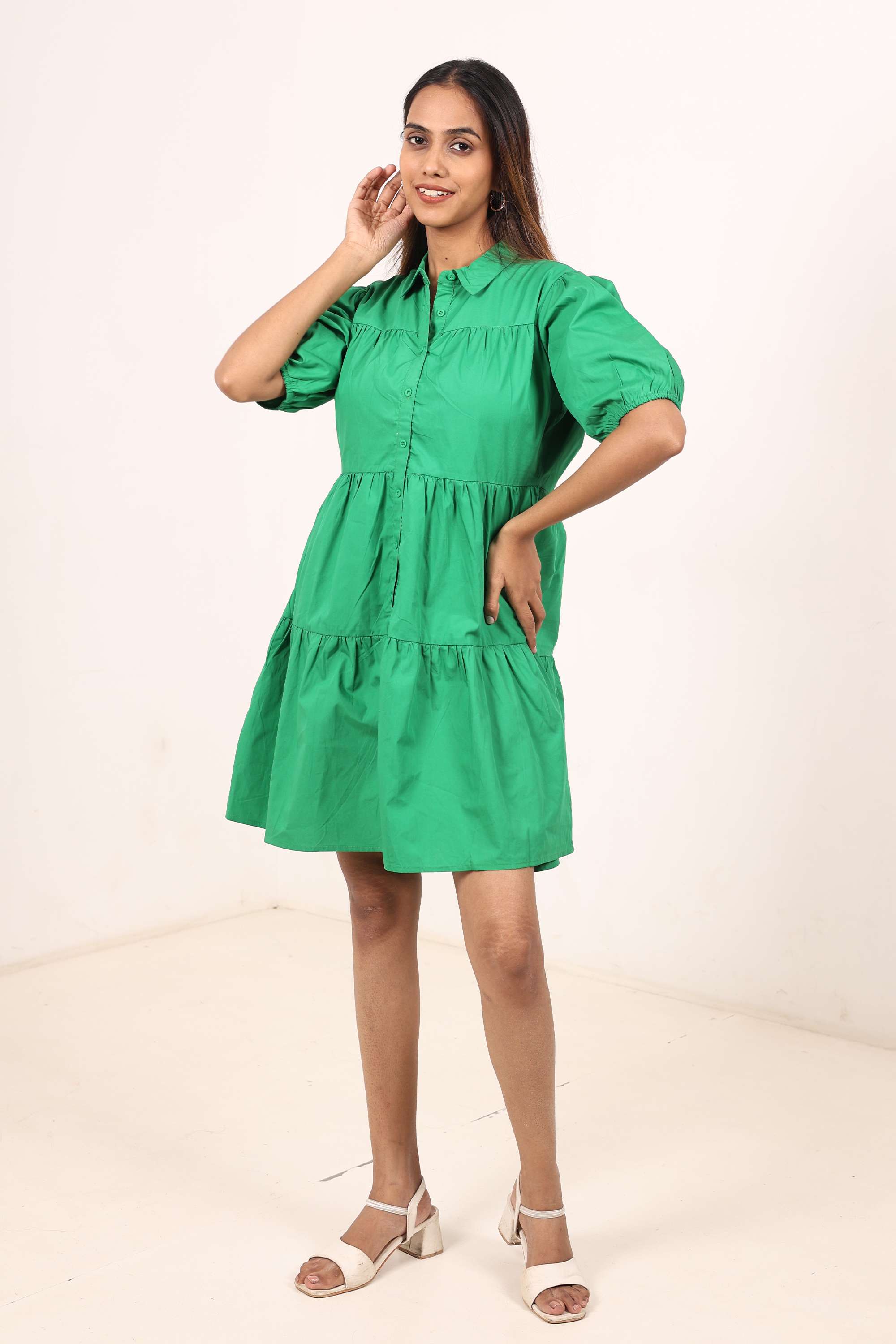 Solid-Blended-Fabric-Collared-Women-s-Casual-Wear-Dress