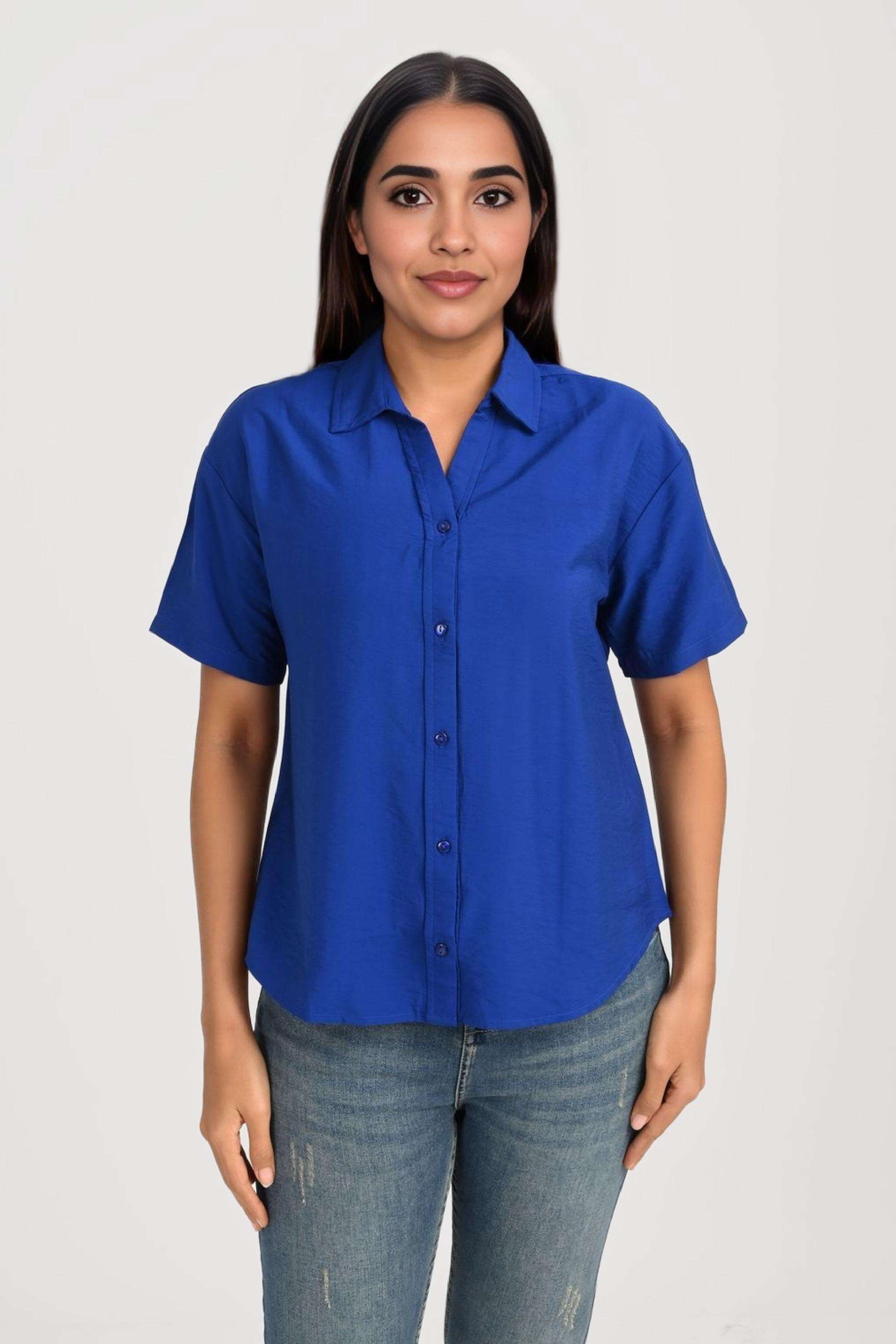 Solid-Blended-Fabric-Collared-Women-s-Shirt