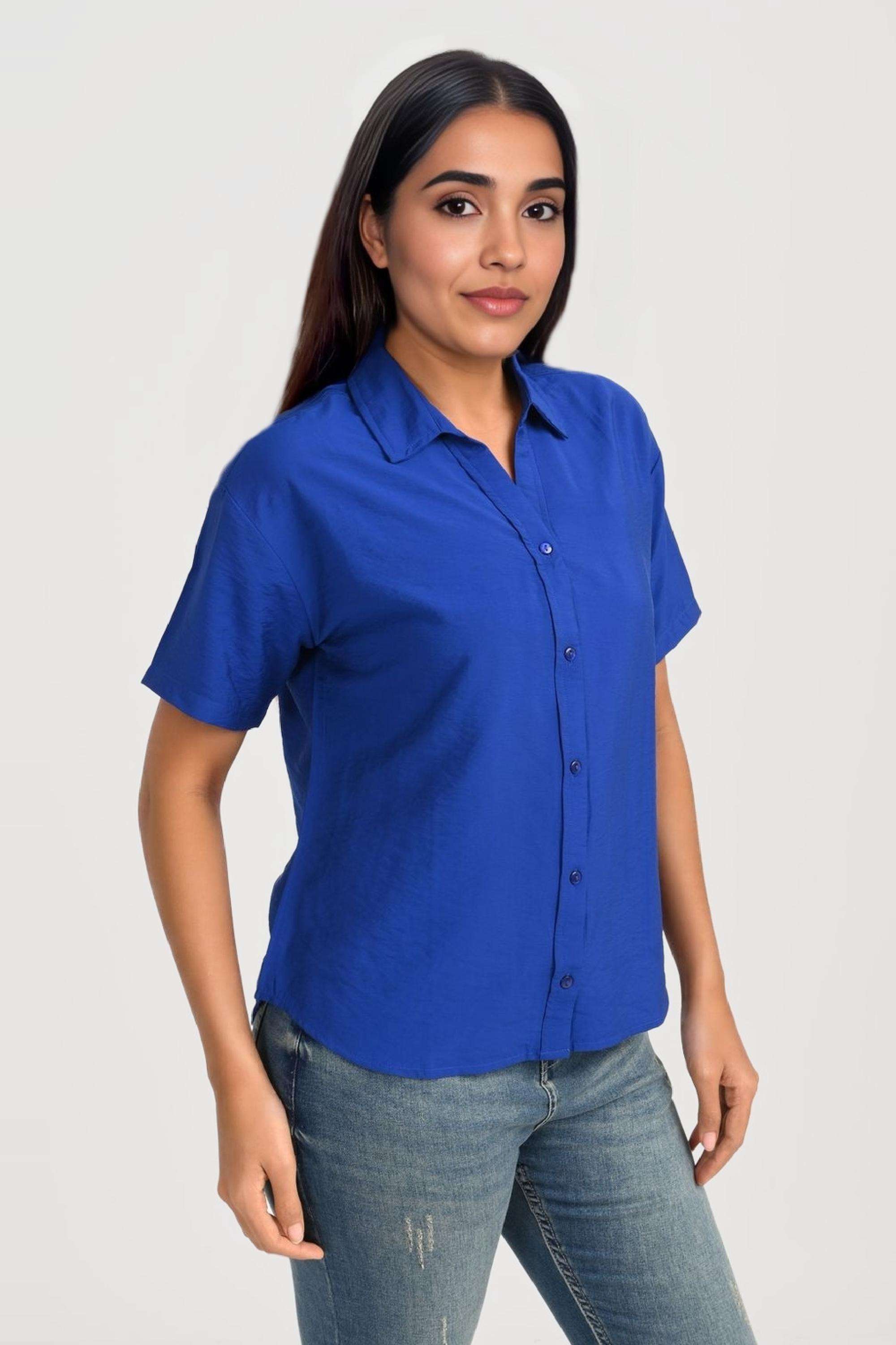 Solid-Blended-Fabric-Collared-Women-s-Shirt